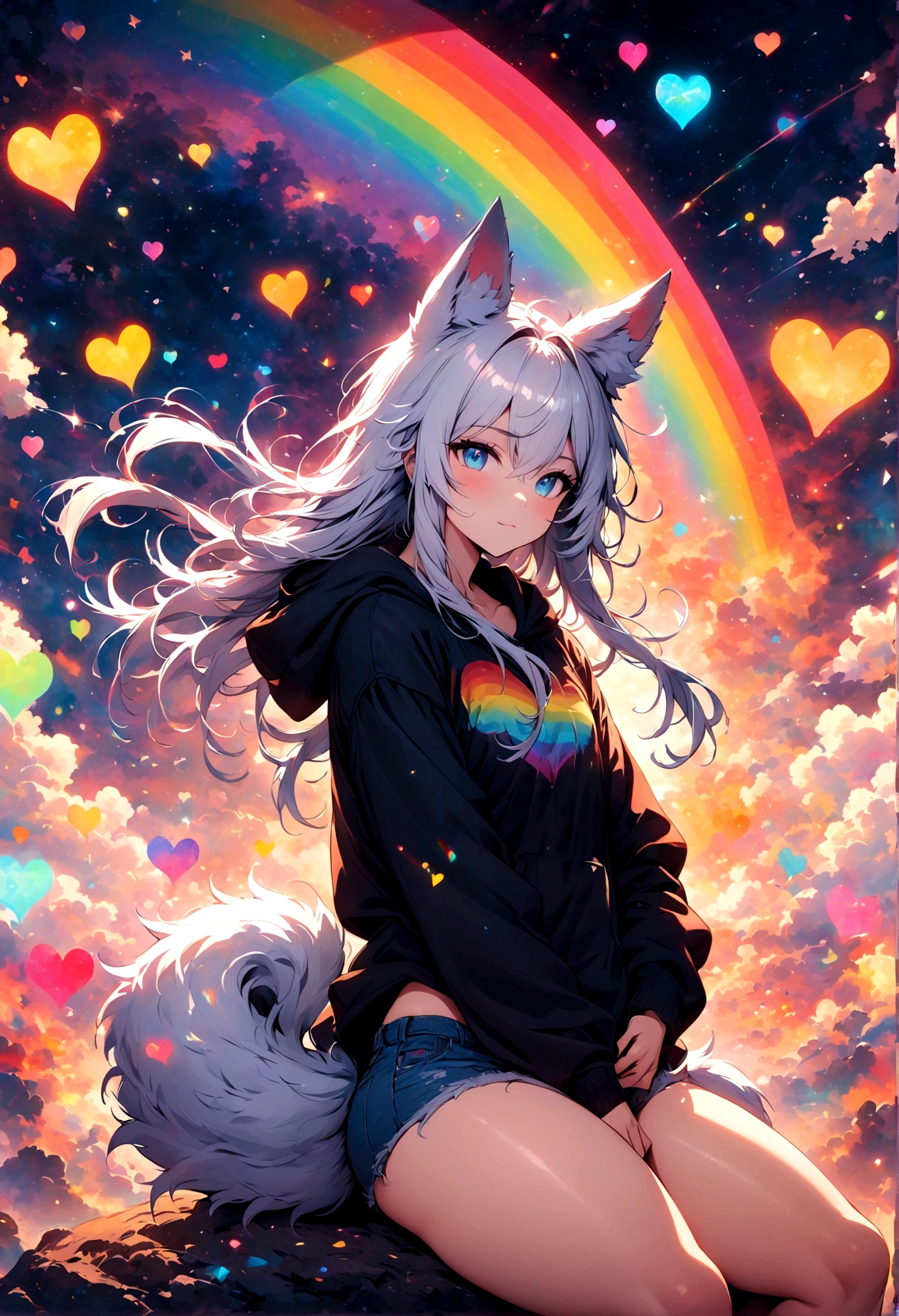 a cute adult male with wolf ears, long white hair, long locks, has a wolf tail, wearing a loose cropped oversized black hoodie, wearing a pair of denim short shorts and fishnet stockings, thick thighs, wide hips, relaxing on mound of fluffy multi colored kawaii plushies, short, very slim, showing slender tummy, heart on hoodie, squishy thighs, has glowing blue eyes. alone, solo (ALONE)(SOLO), surrounded by rainbows, colorful galaxy backround