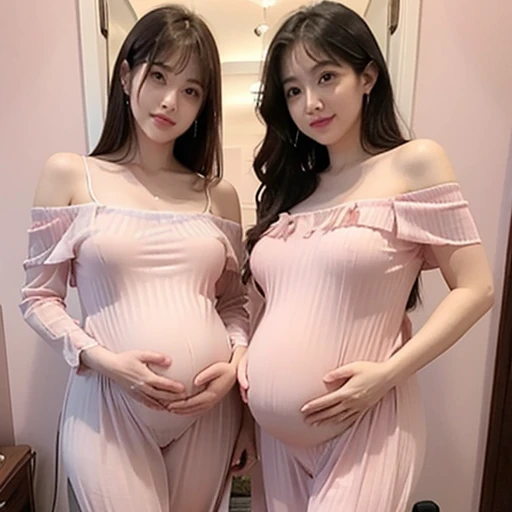Mommy and mother-in-law,Married Woman,A pregnant woman,pregnant,Big belly,怀pregnant,Big belly with twins,10 months pregnant,Pretty Face,Sexy body,Long hair,Wearing a pink transparent off-shoulder dress,Sexy pajamas