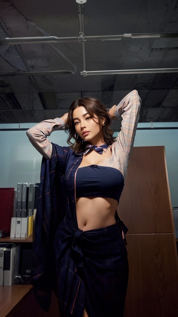 (1 girl:1.3), break, half body shot, Japanese, 30 year old supermodel, Chubby body type, plump, career woman, (from side), (highest quality:1.4), 32K resolution, (realistic:1.5), (Super realistic:1.5), High resolution 32k UHD, (masterpiece:1.2)), (Improvement of quality:1.4), (beautiful facial details), (Highest quality realistic skin texture:1.4), (perfect anatomy:1.2), (Are standing:1.37), break, arms up, (office uniform, patterned ribbon tie, blue collared long sleeve shirt:1.15))), red plaid pleated skirt, break, Does not emphasize the bust top, ((In the office room:1.15)), precise fingers, Super detailed, symmetrical eyes, view audience,natural makeup, ((A good eye for quality:1.2)), (tired, sleepy and satisfied:0.0), (fine lips:1.33), (fine nose:1.2), ((Physically based rendering of the background:1.37)), curvy:1.2, middle breasts), (heavy chest:1.1, plump lower body), brown hair, (wavy hair:1.37), Anxious face, Gentle light hits your face and body, epic and emotional movie lighting