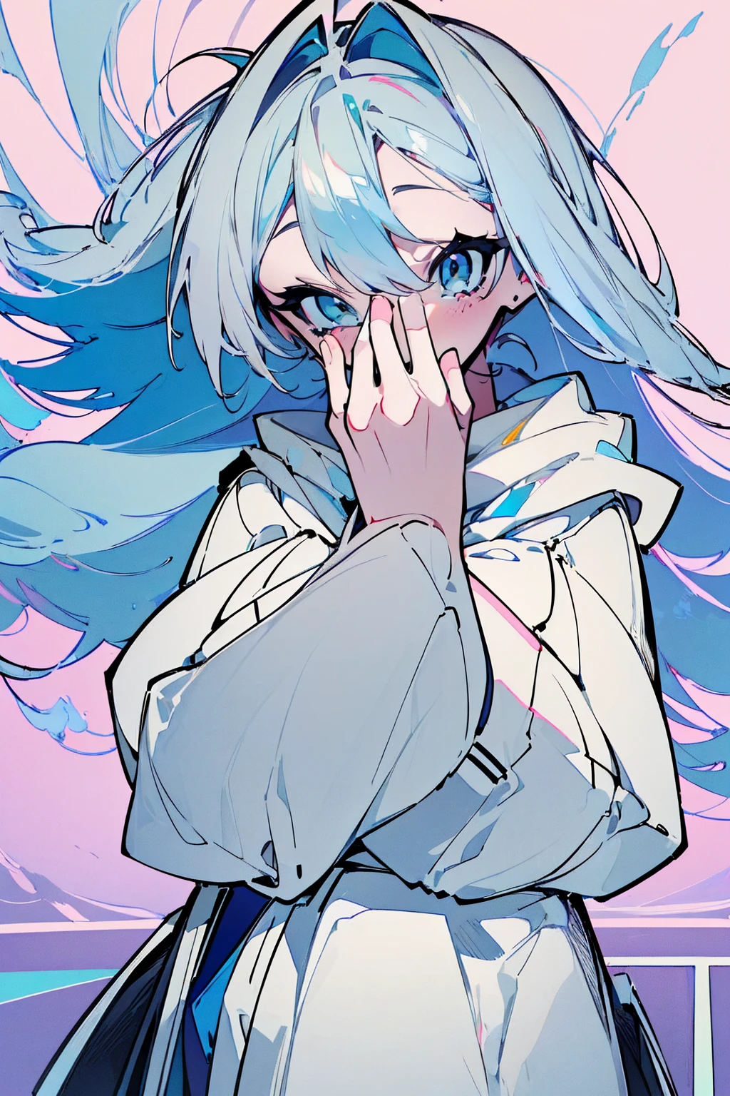 masterpiece,Highest quality,Super detailed, (((Pastel sky blue and white mullet)))) , ((((A woman covering her mouth with both hands))), upright, From the waist up, Cute and adorable high school student, hoodie,Off the shoulder:1.2, Mostima, Arknights, smile, Penguin Logistics, Light art, Soft Art, A fleeting and fantastical feeling