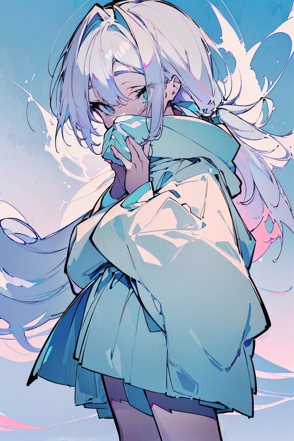masterpiece,Highest quality,Super detailed, (((Pastel sky blue and white mullet)))) , ((((A woman covering her mouth with both hands))), upright, From the waist up, Cute and adorable high school student, hoodie,Off the shoulder:1.2, Mostima, Arknights, smile, Penguin Logistics, Light art, Soft Art, A fleeting and fantastical feeling