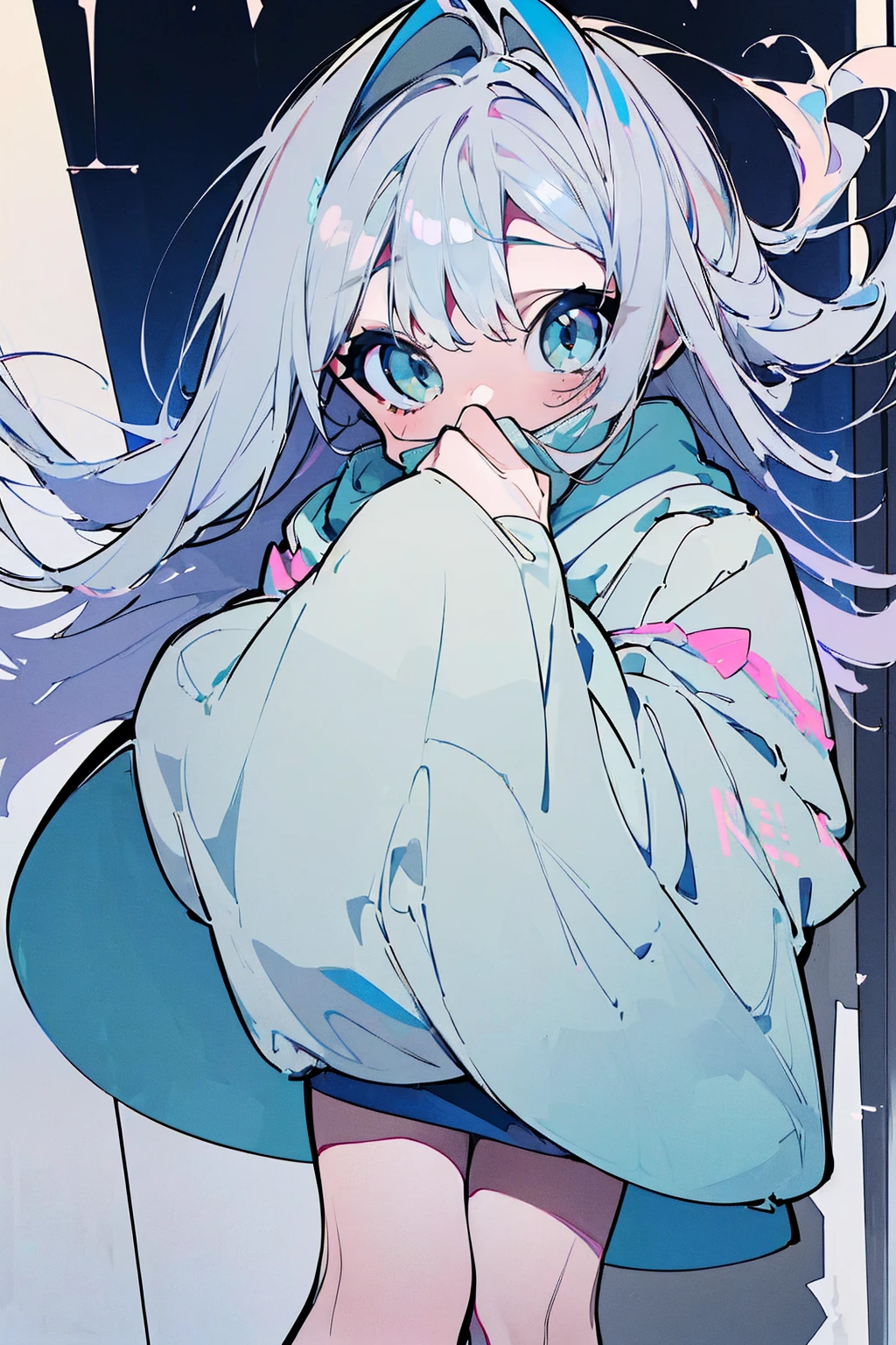 masterpiece,Highest quality,Super detailed, (((Pastel sky blue and white mullet)))) , ((((A woman covering her mouth with both hands))), upright, From the waist up, Cute and adorable high school student, hoodie,Off the shoulder:1.2, Mostima, Arknights, smile, Penguin Logistics, Light art, Soft Art, A fleeting and fantastical feeling