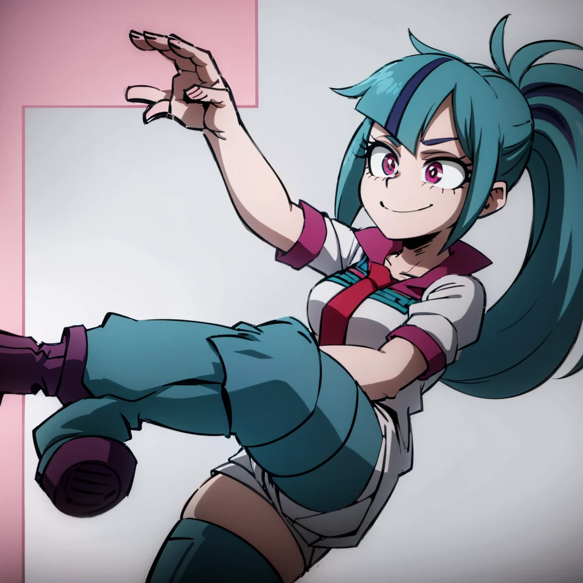 1girl, female focus, sonata dusk, boku no hero academia, masterpiece, best quality, very aesthetic, absurdres, ponytail hair, blue hair, pink eyes, smile, gray jacket, red tie, white shirt, teal skirt, gray tights, boots 