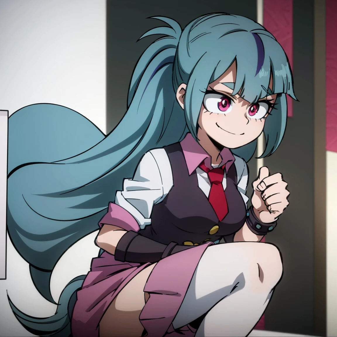 1girl, female focus, sonata dusk, boku no hero academia, masterpiece, best quality, very aesthetic, absurdres, ponytail hair, blue hair, pink eyes, smile, gray jacket, red tie, white shirt, teal skirt, gray tights, boots 