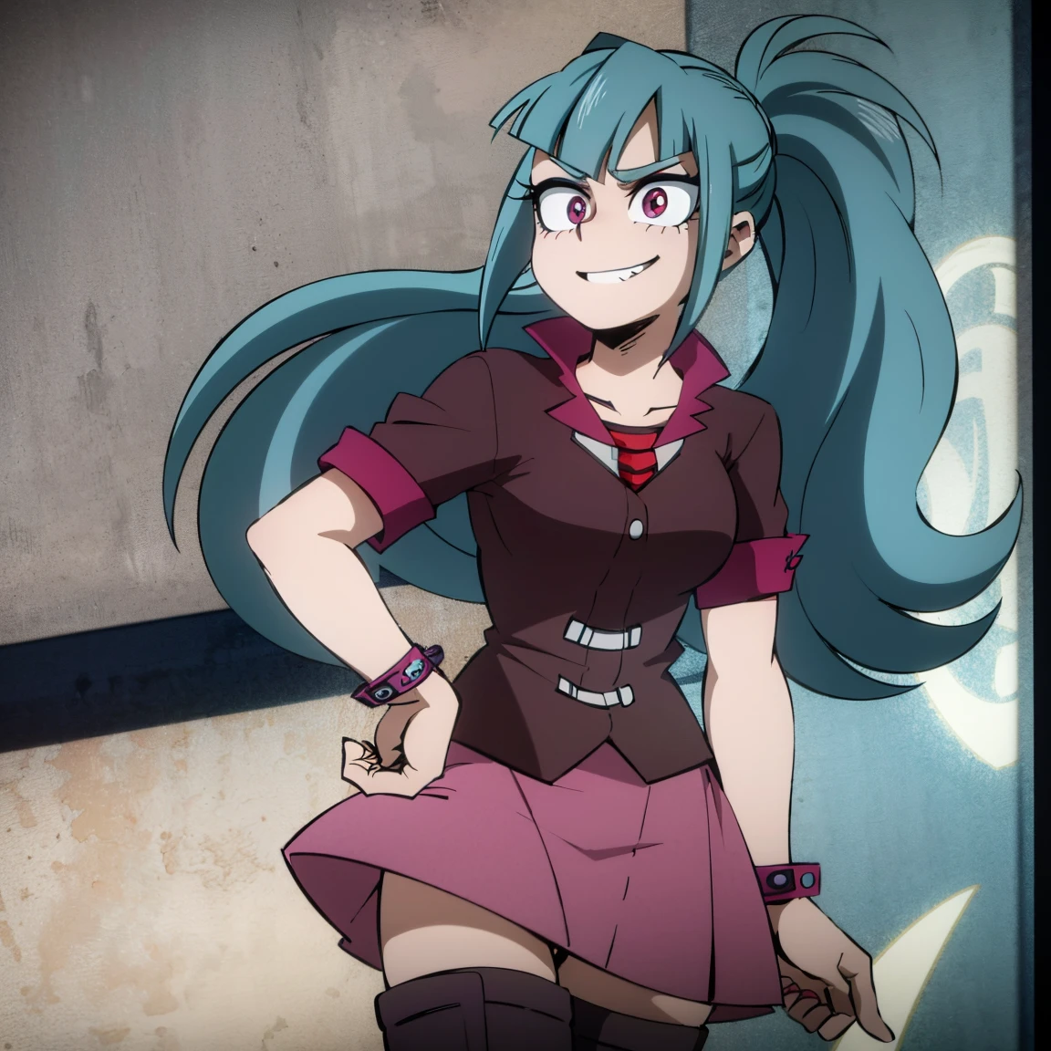 1girl, female focus, sonata dusk, boku no hero academia, masterpiece, best quality, very aesthetic, absurdres, ponytail hair, blue hair, pink eyes, smile, gray jacket, red tie, white shirt, teal skirt, gray tights, boots 