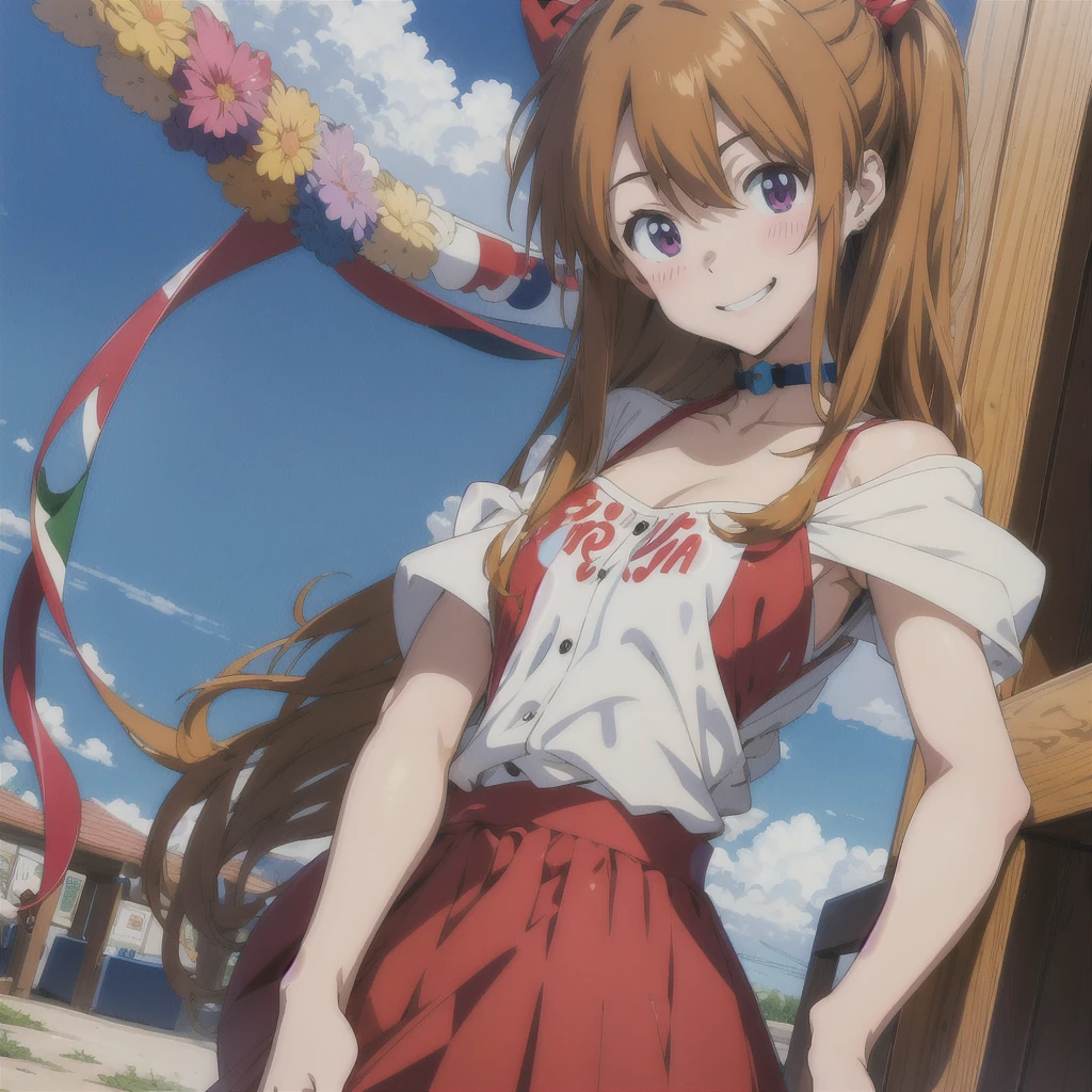 masterpiece, best quality, highres, hmshir, long hair, green eyes, twintails, thighhighs, one-piece swimsuit, school swimsuit, cleavage, swimsuit under clothes, ribbon, maid, maid headdress, cowboy shot, outdoors, standing,smile
