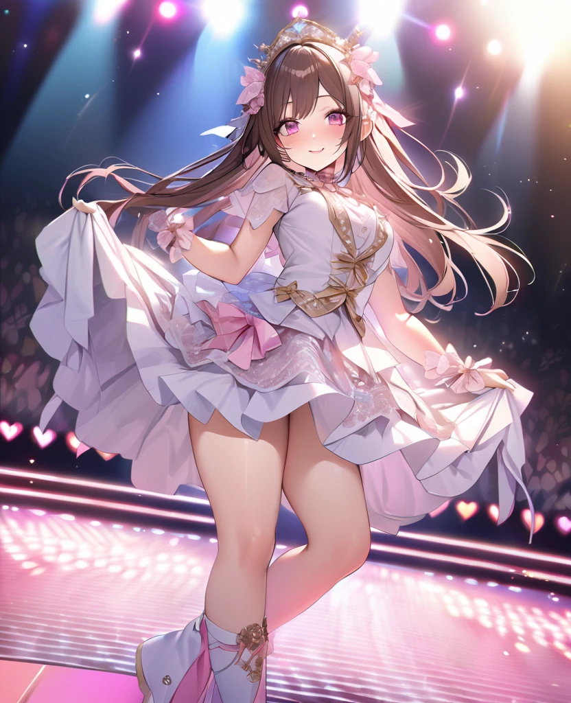 One Girl、Looking at the audience、
Beautiful Pink Eyes、Brown short twin tail hair、Mole under the eye、Plump and glossy lips、Heart-shaped choca、Idol、she is name Riko,smile、ー、。.。.。.。.。.。.。.。.。.。.。.。.。.。.。.。.。.。.3D、Realistic、
idol costume、short skirt,Drape clothes、gem、The decoration has been removed、Floral、Lace trim,On the glittering stage、
masterpiece、highest quality、8k、Detailed skin texture、Detailed cloth texture、Beautifully detailed face、Intricate details、Very detailed、
超A high resolution、8K Ultra HD、Film Grain、Best Shadow、delicate、Staring at the audience、front