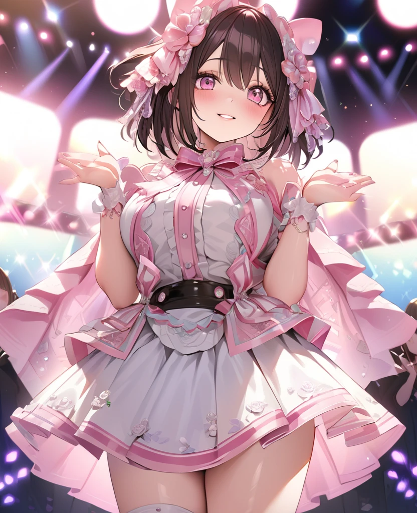 One Girl、Gazing at the audience、
Beautiful pink eyes、Brown short hair、Mole under the eye、Plump and glossy lips、Heart-shaped choker、Idol、Her name is Rico、smile、ー、。。。。。。。。。。。。。。。。。。。。。。。。。。。。。。。。3D、Real、
Pink fluffy top、Black fluffy mini skirt、Rabbit-inspired costume、、gem、Lace trim、On the glittering stage、
masterpiece、highest quality、8k、Detailed skin texture、Detailed cloth texture、Beautifully detailed face、Intricate details、Very detailed、
Ultra-high resolution、8k Ultra HD、Film Grain、Best Shadow、delicate、Gazing at the audience、front