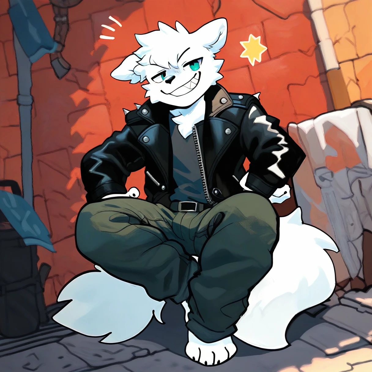 score_9,score_8_up,score_7_up,score_6_up,score_5_up,score_4_up, solo anthro furry, boykisserfur, male, white fur, white ears, grin, smug, leather jacket, cargo pants, full body, black nose, clean art
break