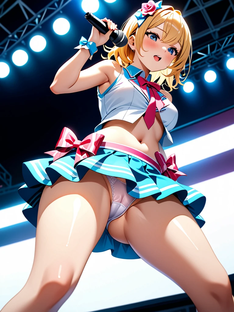 (Masterpiece、Highest quality、Very detailed、4K)、One Woman、Super short skirt、Panties、navel、Thighs、Idol、(Angle from below)、Masturbation