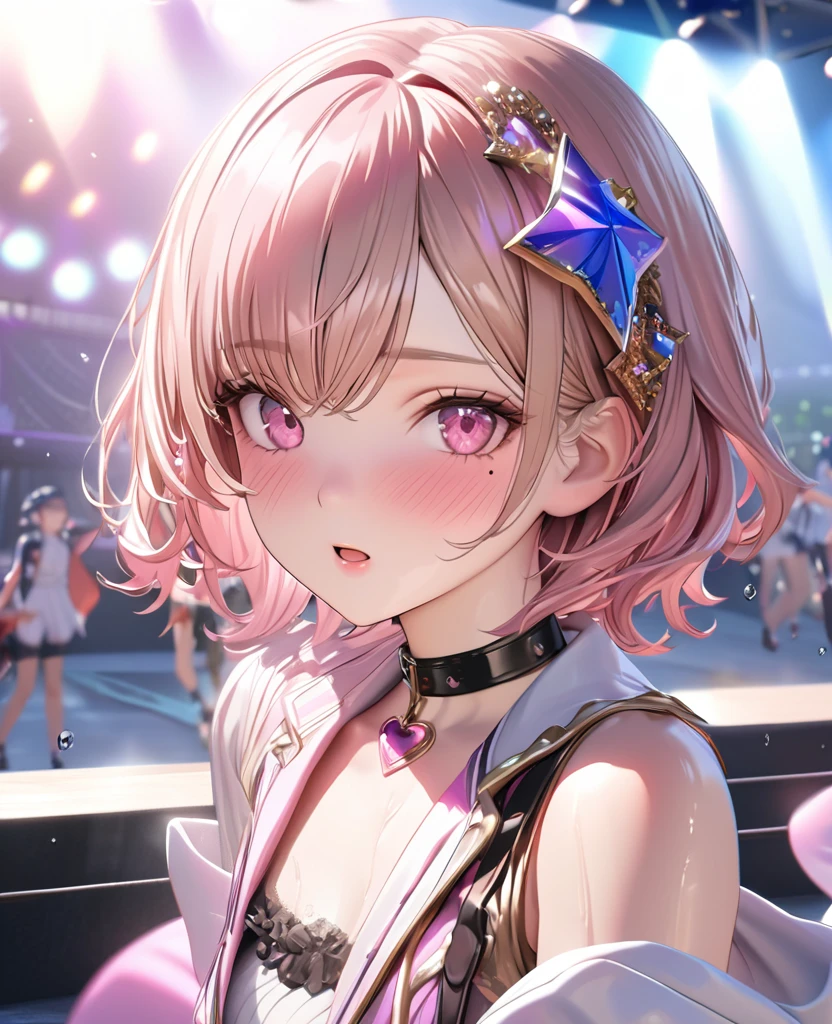 masterpiece, best quality, ultra detailed, high resolution, expensive resolution, HDR, 4k, 8K, uniform 8k wallpaper, ultra detailed CG, masterpiece, realistic, 2D, 3D, beautiful details, depth, fine texture, ultra fine: 1.3, perfectly focused, crispy .skin, .he, very cute anime girl, idol, A girl in her twenties,drenched in heavy rain outdoor stage, chest part is visible through, brown short twin-tail hair wearing expensive clothes, one girl, one person, brown short twin-tail hair, idol, mole under eye, looking at the viewer, expensive, blush, mole, open lips, hair accessory, heart-shaped choker, pink eyes, choker