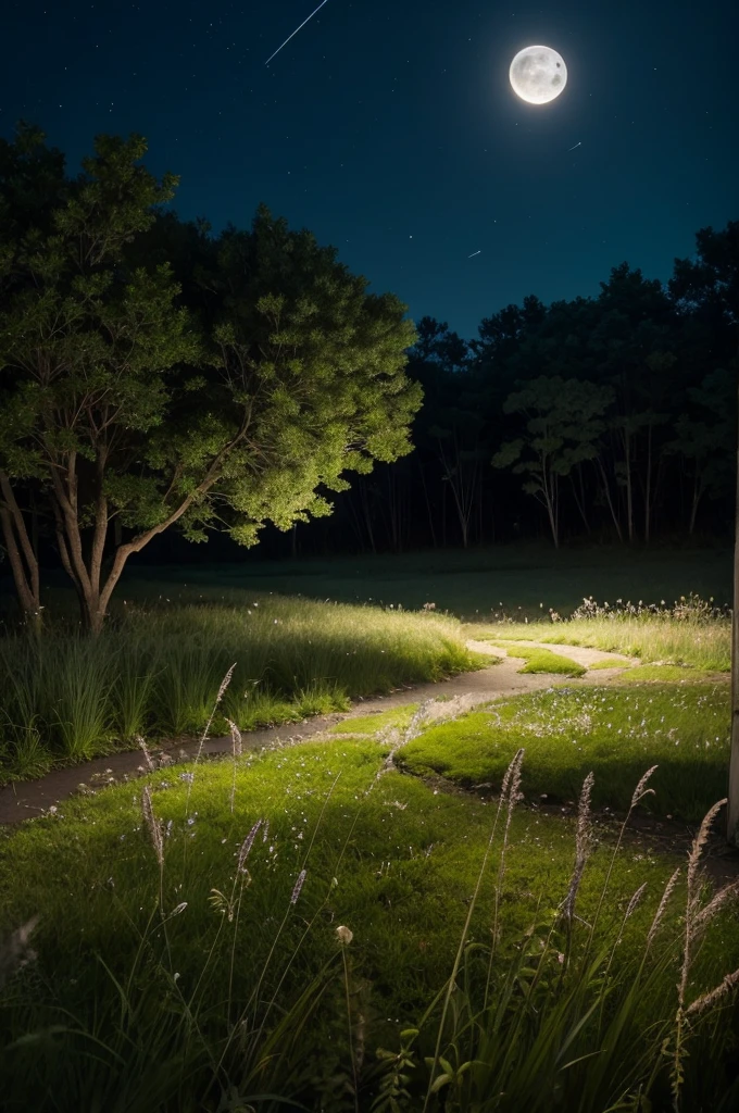 Swaying grasses illuminated by moonlight and full of fireflies.