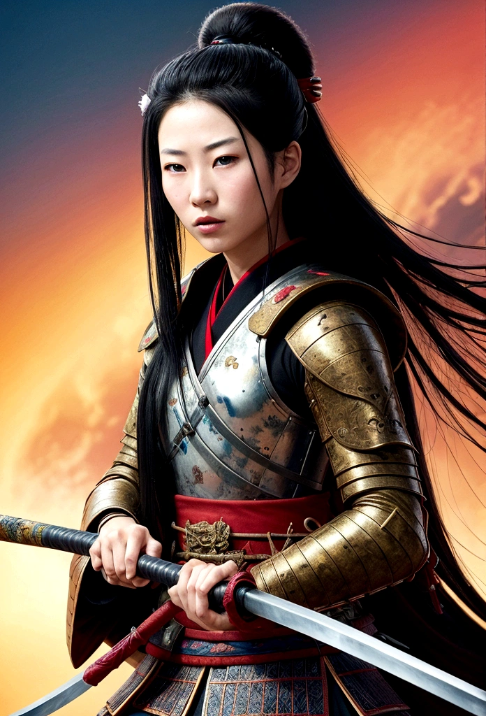 a picture of Japanese female samurai, she has long black hair, wearing samurai armor, armed with a katana, ready for battle, dynamic angle,, Japanese fantasy art, (Masterpiece: 1.5), 16k, highres, best quality, high details, ultra detailed, masterpiece, best quality, (extremely detailed), arafed, dnd art, , magical dagger