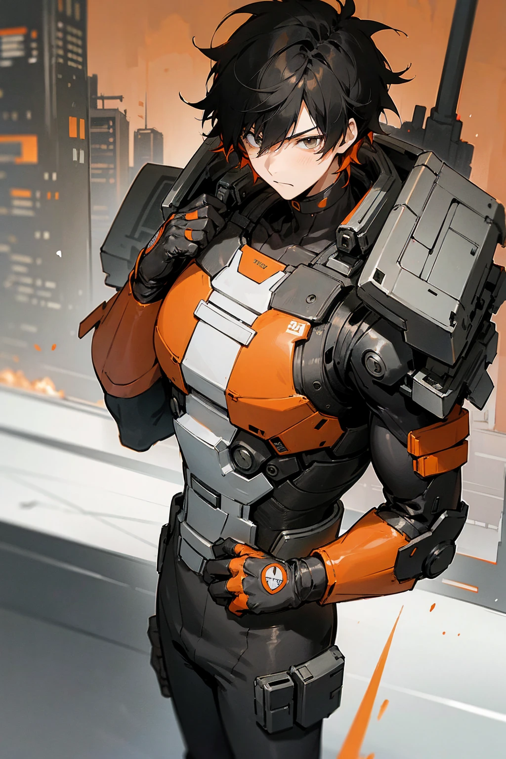 1male, black hair, orange two toned hair, messy hair, short hair, black and white full combat suit, city background, detailed background, standing on path, hands to side, expressionless