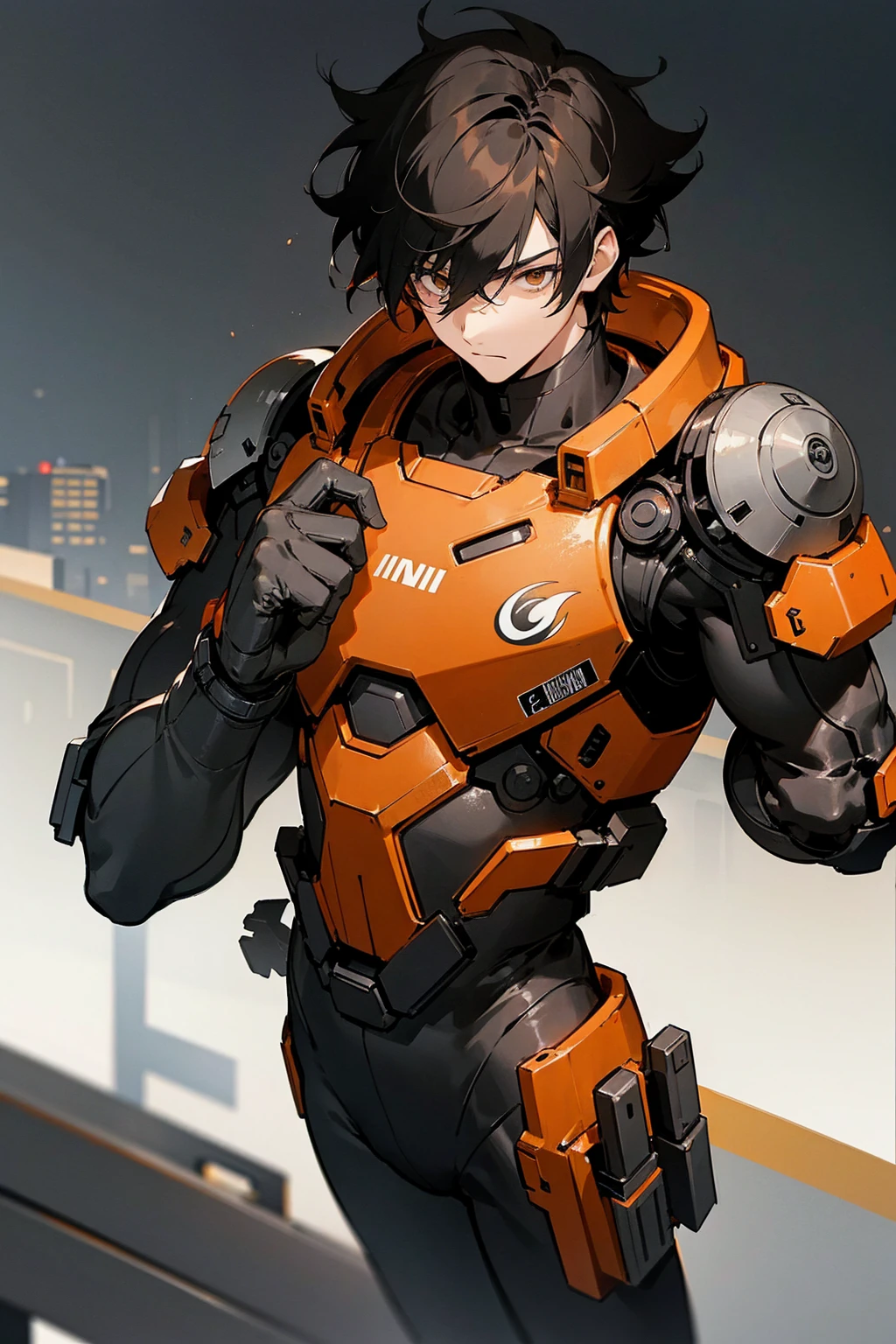 1male, black hair, orange two toned hair, messy hair, short hair, black and white full combat suit, city background, detailed background, standing on path, hands to side, expressionless