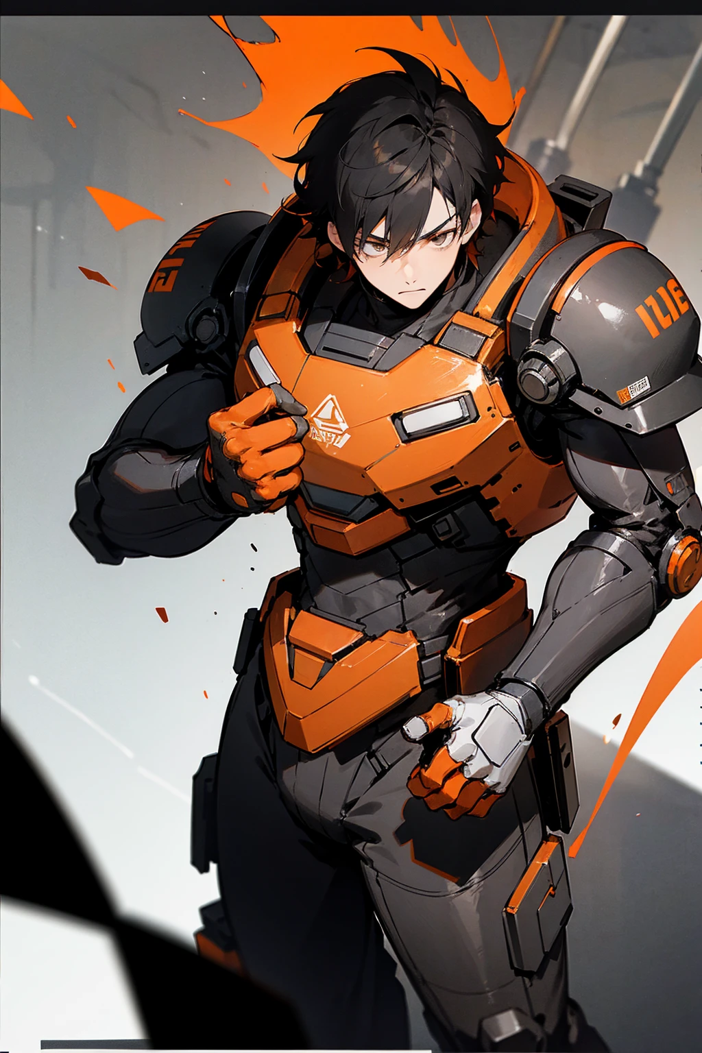 1male, black hair, orange two toned hair, messy hair, short hair, black and white full combat suit, city background, detailed background, standing on path, hands to side, expressionless