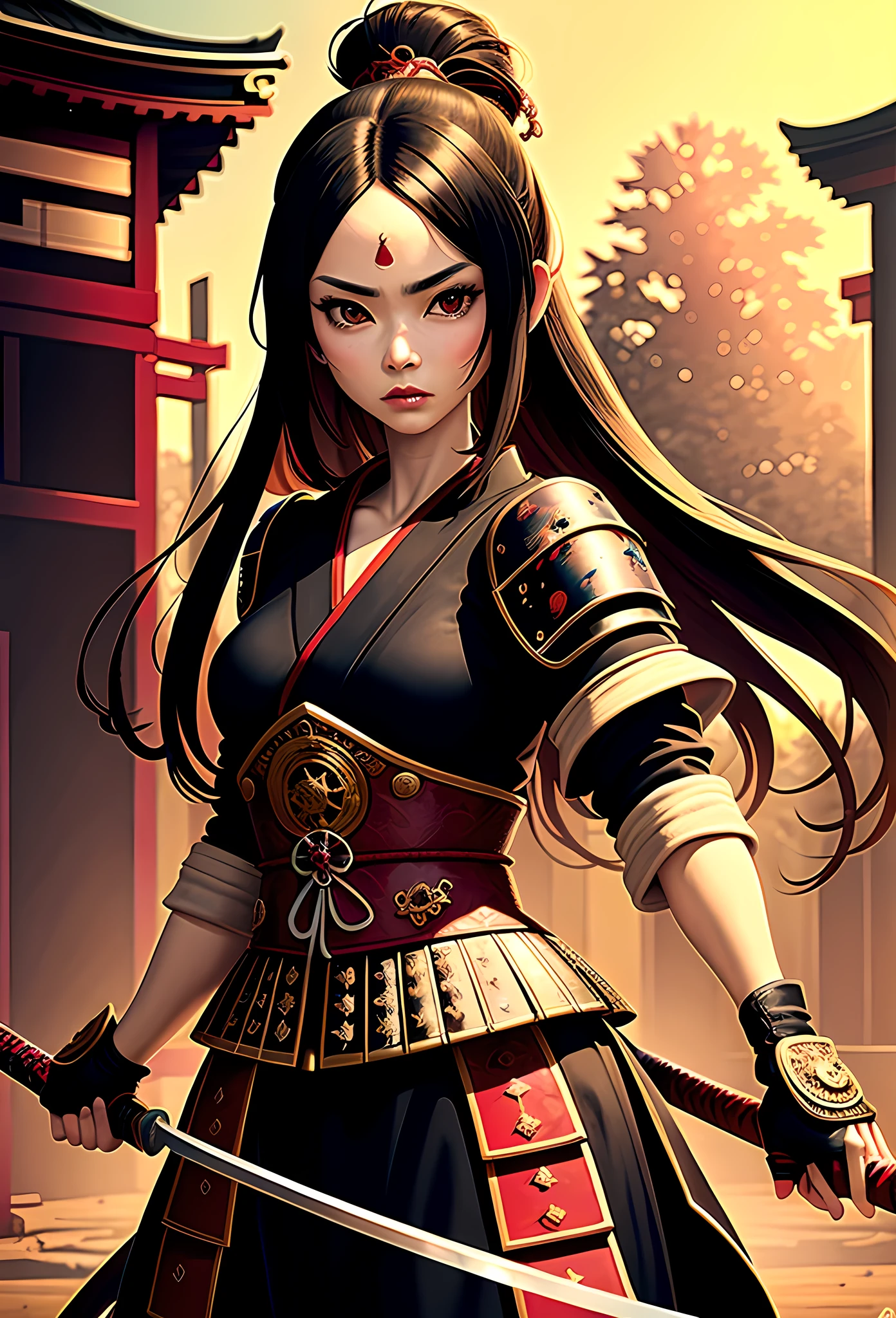 a picture of Japanese female samurai, she has long black hair, wearing samurai armor, armed with a katana, ready for battle, dynamic angle,, Japanese fantasy art, (Masterpiece: 1.5), 16k, highres, best quality, high details, ultra detailed, masterpiece, best quality, (extremely detailed), arafed, dnd art, , magical dagger