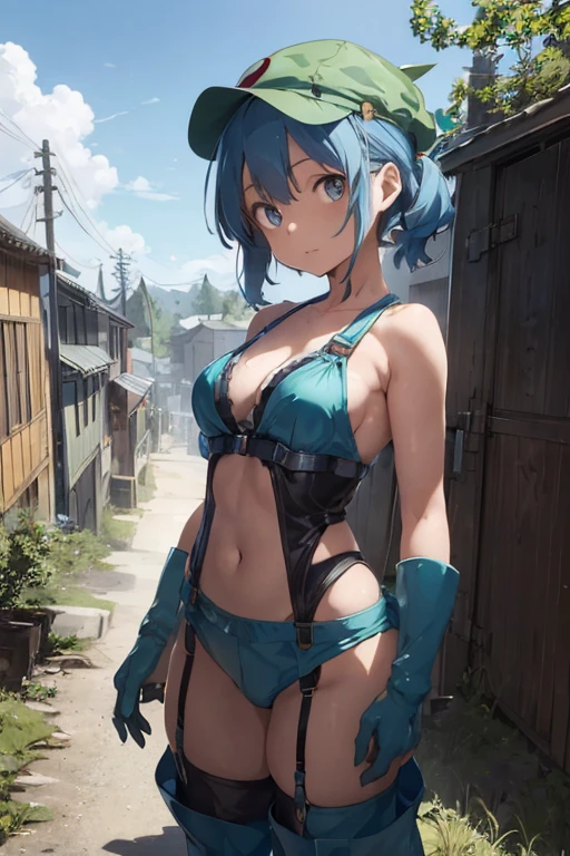 1girl, Touhou, Nitori Kawashiro, blue hair, blue eyes, blue mechanic suit, blue mechanical pants, shouderless Tubetop, navel, green mechanical gloves, Boots, green kappa hat, mechanic tool box on the ground, open tool box, rural city Background, wide shot