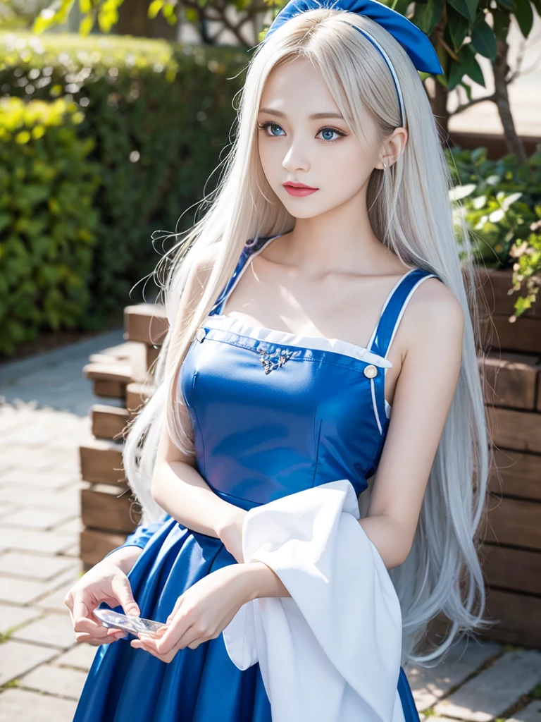 portlate、Alice in Wonderland、Blue sky、Bright and very beautiful face、Young shiny shiny white shiny skin、Best Looks、Platinum blonde hair with dazzling highlights、finer hair、beautiful long back hair that is very straight,,、Super long silky straight hair、Beautiful bangs that shine、Glowing crystal clear big blue eyes、very beautiful nice beautiful girl、White Apron、Blue Dress