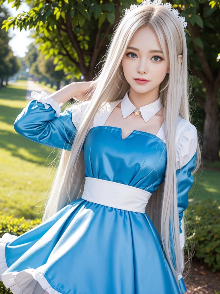 portlate、Alice in Wonderland、Blue sky、Bright and very beautiful face、Young shiny shiny white shiny skin、Best Looks、Platinum blonde hair with dazzling highlights、finer hair、beautiful long back hair that is very straight,,、Super long silky straight hair、Beautiful bangs that shine、Glowing crystal clear big blue eyes、very beautiful nice beautiful girl、White Apron、Blue Dress