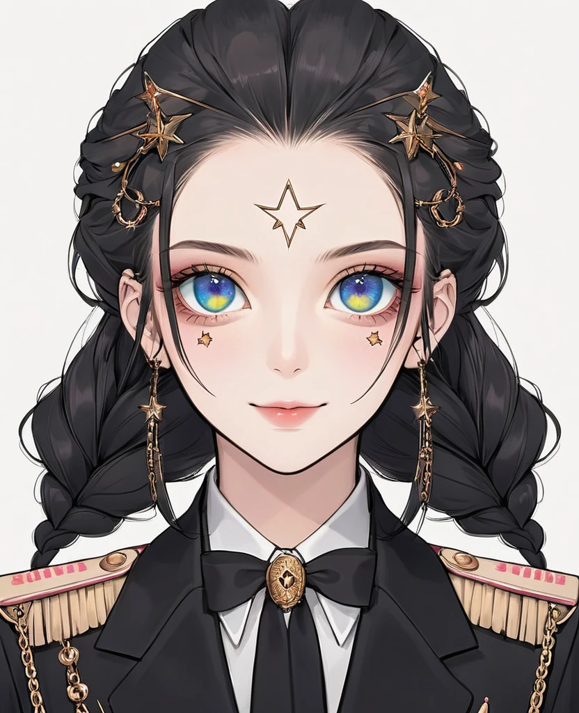 (Digital Illustration,Detailed anime style girl portrait,Solitary,symmetry),(Big colorful eyes,Fashionable and exquisite facial features,Exquisite makeup,Sweet smile,Star symbol mark on cheek,Soulful gaze,),(Fluffy braids,Beautiful hairstyle,Hairpin),(Black suit,Epaulettes-Chain,cool,),Clean and simple white background,(((Correct human anatomy)))