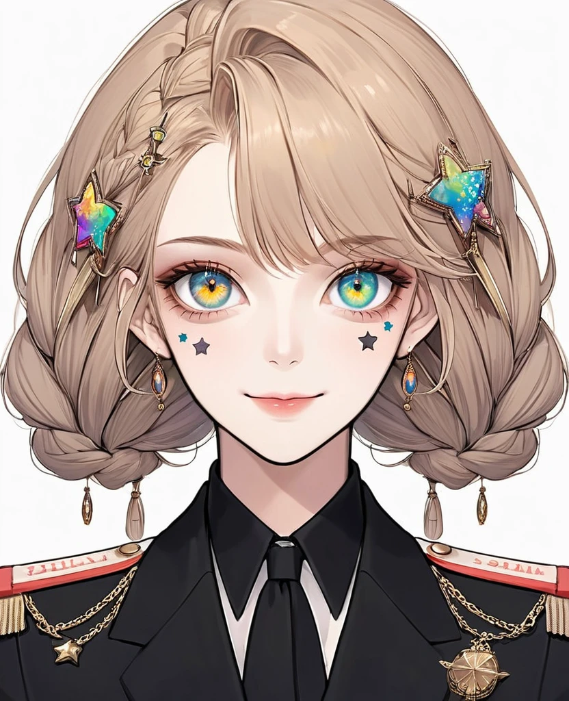 (Digital Illustration，Detailed anime style girl portrait，Solitary，symmetry)，(Big colorful eyes，Fashionable and exquisite facial features，Exquisite makeup，Sweet smile，Star symbol mark on cheek，Soulful gaze，)，(Fluffy braids，Beautiful hairstyle，Hairpin)，(Black suit，Epaulettes-Chain，cool，)，Clean and simple white background，(((Correct human anatomy)))