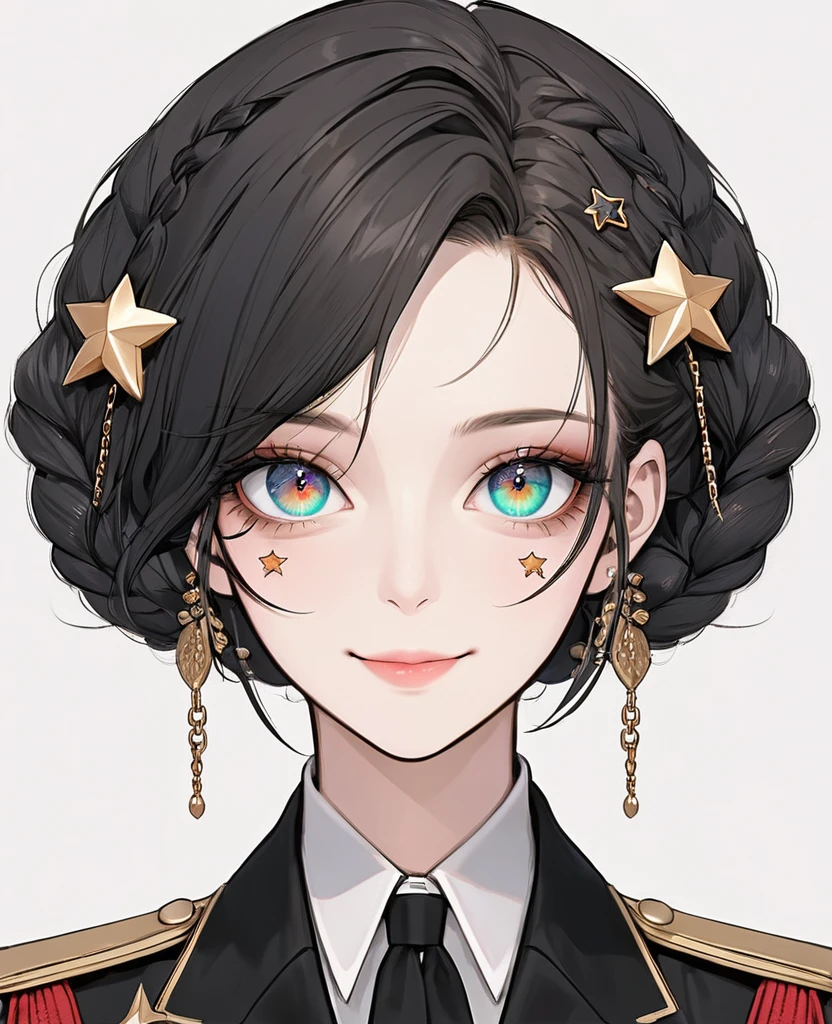 (Digital Illustration，Detailed anime style girl portrait，Solitary，symmetry)，(Big colorful eyes，Fashionable and exquisite facial features，Exquisite makeup，Sweet smile，Star symbol mark on cheek，Soulful gaze，)，(Fluffy braids，Beautiful hairstyle，Hairpin)，(Black suit，Epaulettes-Chain，cool，)，Clean and simple white background，(((Correct human anatomy)))