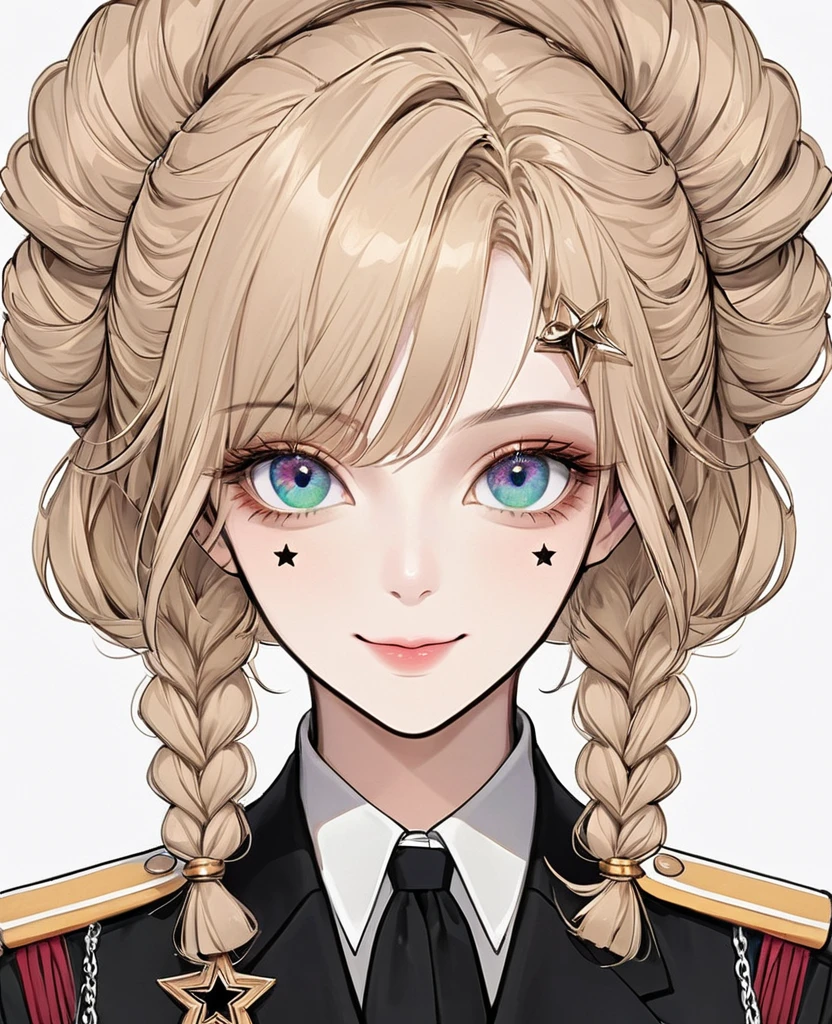 (Digital Illustration，Detailed anime style girl portrait，Solitary，symmetry)，(Big colorful eyes，Fashionable and exquisite facial features，Exquisite makeup，Sweet smile，Star symbol mark on cheek，Soulful gaze，)，(Fluffy braids，Beautiful hairstyle，Hairpin)，(Black suit，Epaulettes-Chain，cool，)，Clean and simple white background，(((Correct human ???????)))