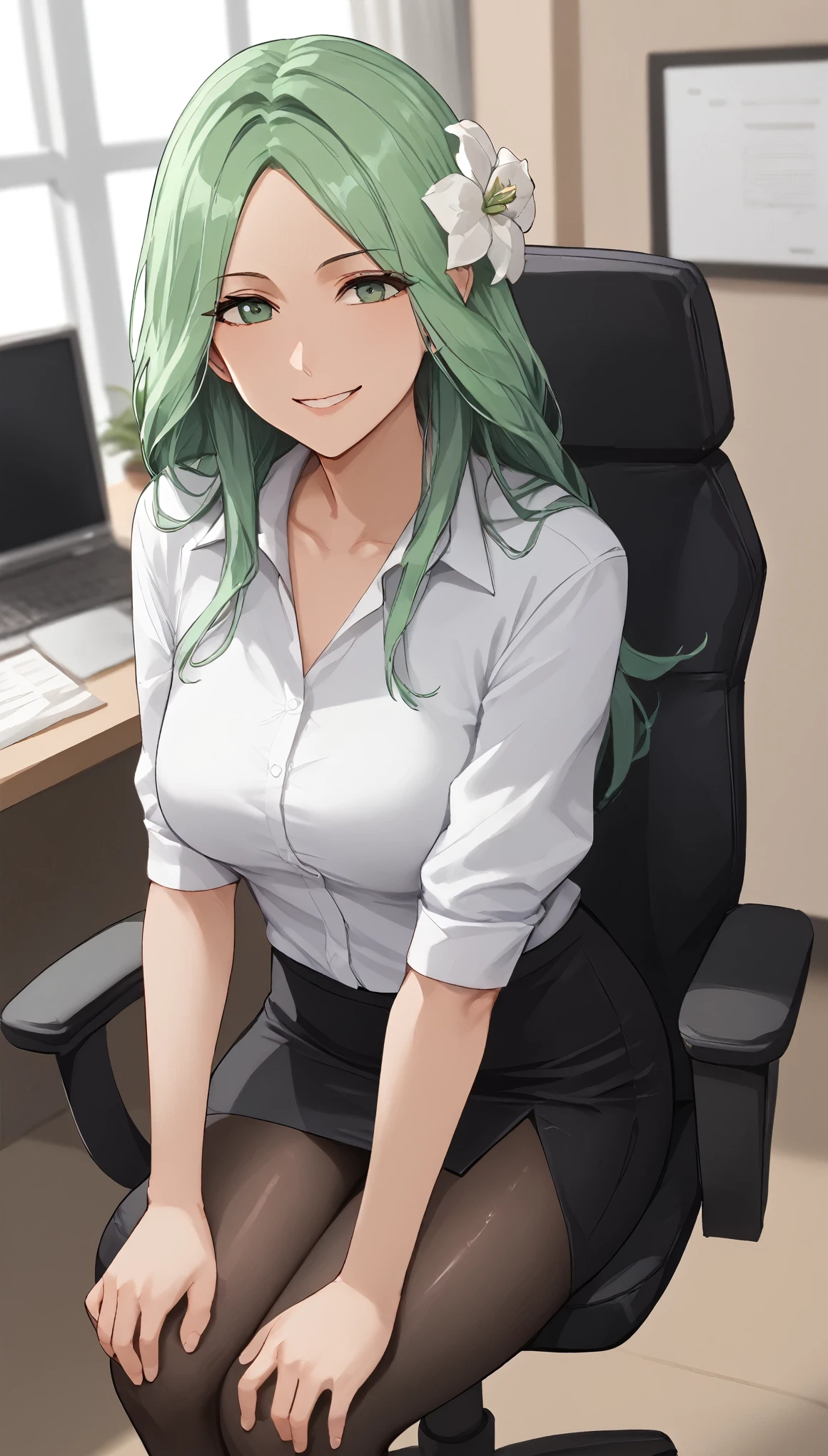 score_9, score_8_up, score_7_up, score_6_up, source_anime,masterpiece, best quality, 8k, 8k UHD, ultra-high resolution, ultra-high definition, highres, shading, good_hands, altrhea, green hair, hair flower, white shirt, black pencil skirt, shiny skin, pantyhose, office lady, office, solo, 1girl, sitting, looking at viewer, light smile, (tareme), office chair,
