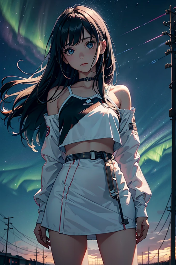 noiet estrelada, night sky, campo de gram、aurora boreal、contrail、ceu estrelado、Steppe grass swaying in the wind、(blusa cyberpunk com neon) Qualidade da foto、Live Action、Realismo、transparency、realistic depiction、A qualidade 8k、NFFSW、Digital SLR、alta qualidade、filmgrain、fujifilmXT3、 no vestido camisole branco、 jaqueta cyberpunk , standing posture、bare-legged、hair swaying in the wind、hair up to the shoulders、Seios pequenos、olhos grandes