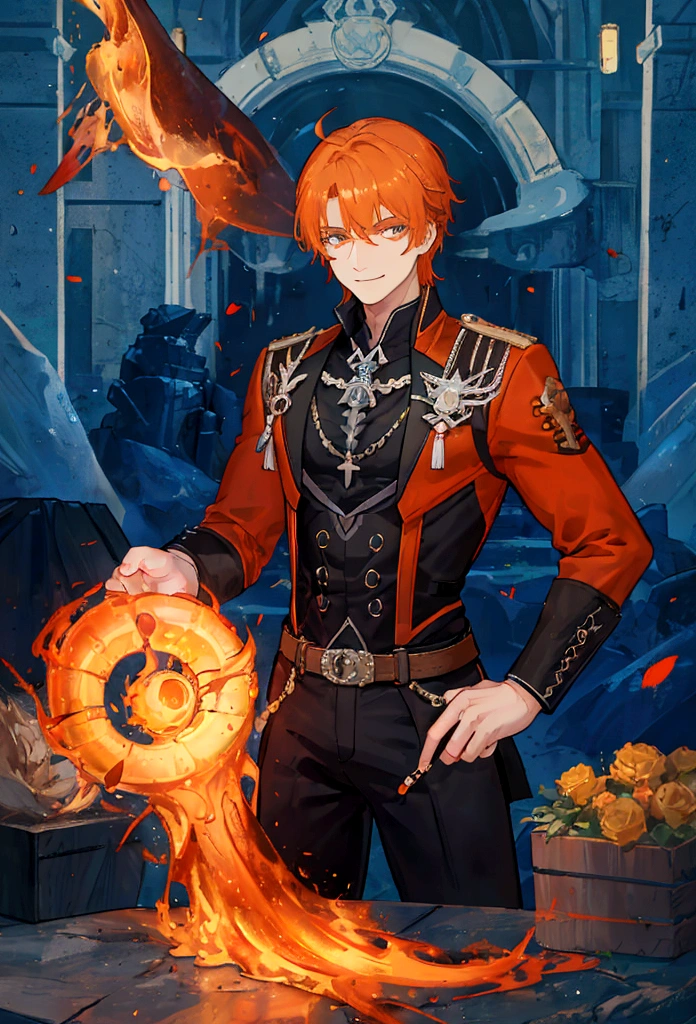 Meisterwerk, Top quality, 16K UHD, Stehen, 1 male fire genasi with orange skin, Feuer Zauberer, kein Oberteil, Free upper body, Sixpack-Muskeln, muscular physique, elegante schwarze Hose, feuriges brennendes Flammenhaar, Feuermagier, a swirling fireball hovers above his left hand, Magische-Kulisse, selbstbewusste Pose, devilish smile. Hochdetaillierte Gesichts- und Hautstruktur, detaillierte Augen, eckige Augenbrauen, Bernsteinfarbene Augen mit Funken, fine facial features, chiseled jawline, Shiny orange skin with smoky undertones