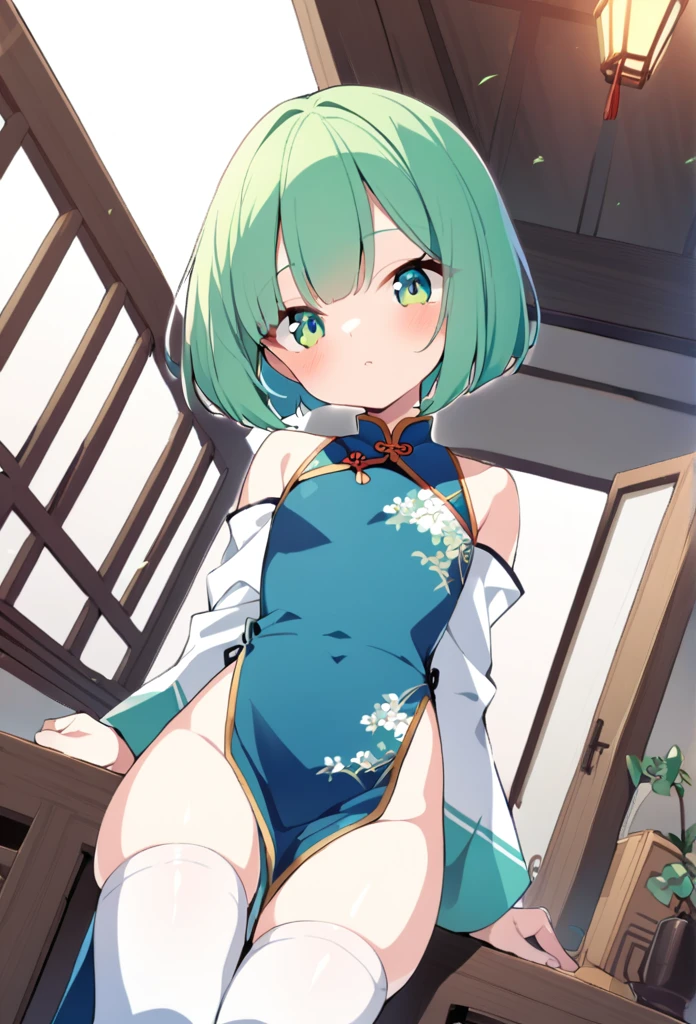 1 girl, cute, young, green hair, bob haircut, green eyes, Chinese clothes, thigh high, excessive cum, bukkake,