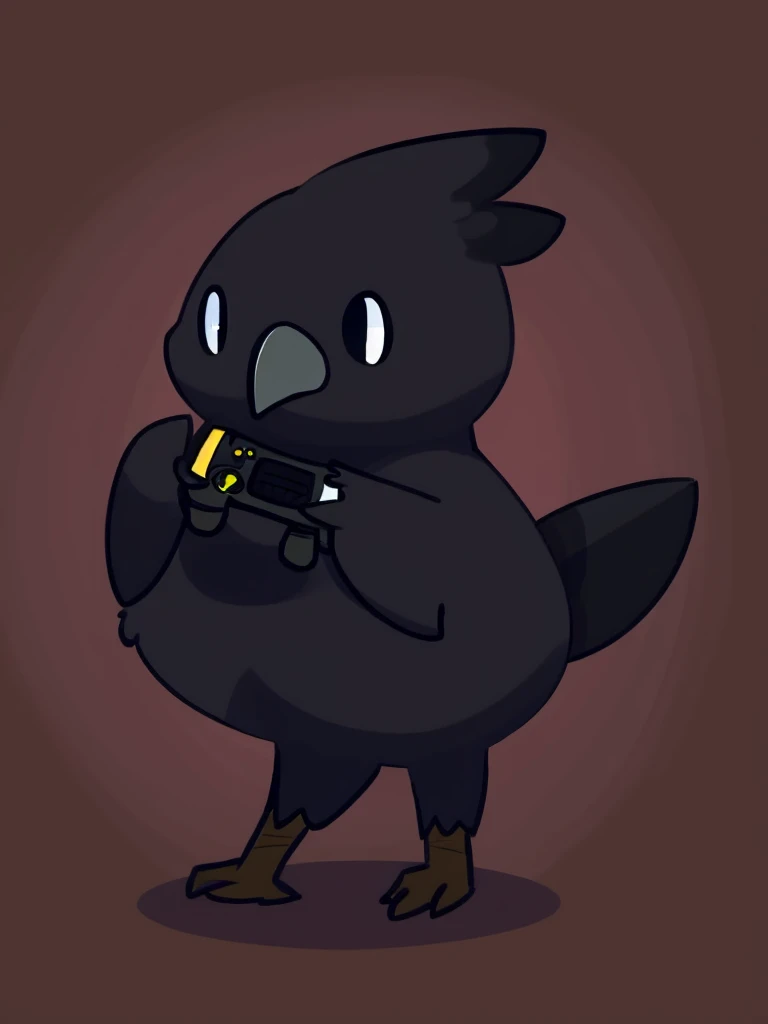 Black crow, chibi, holding game controller, round body, bird, avian, pointcrow, stick legs, doodle, beady eyes, solo