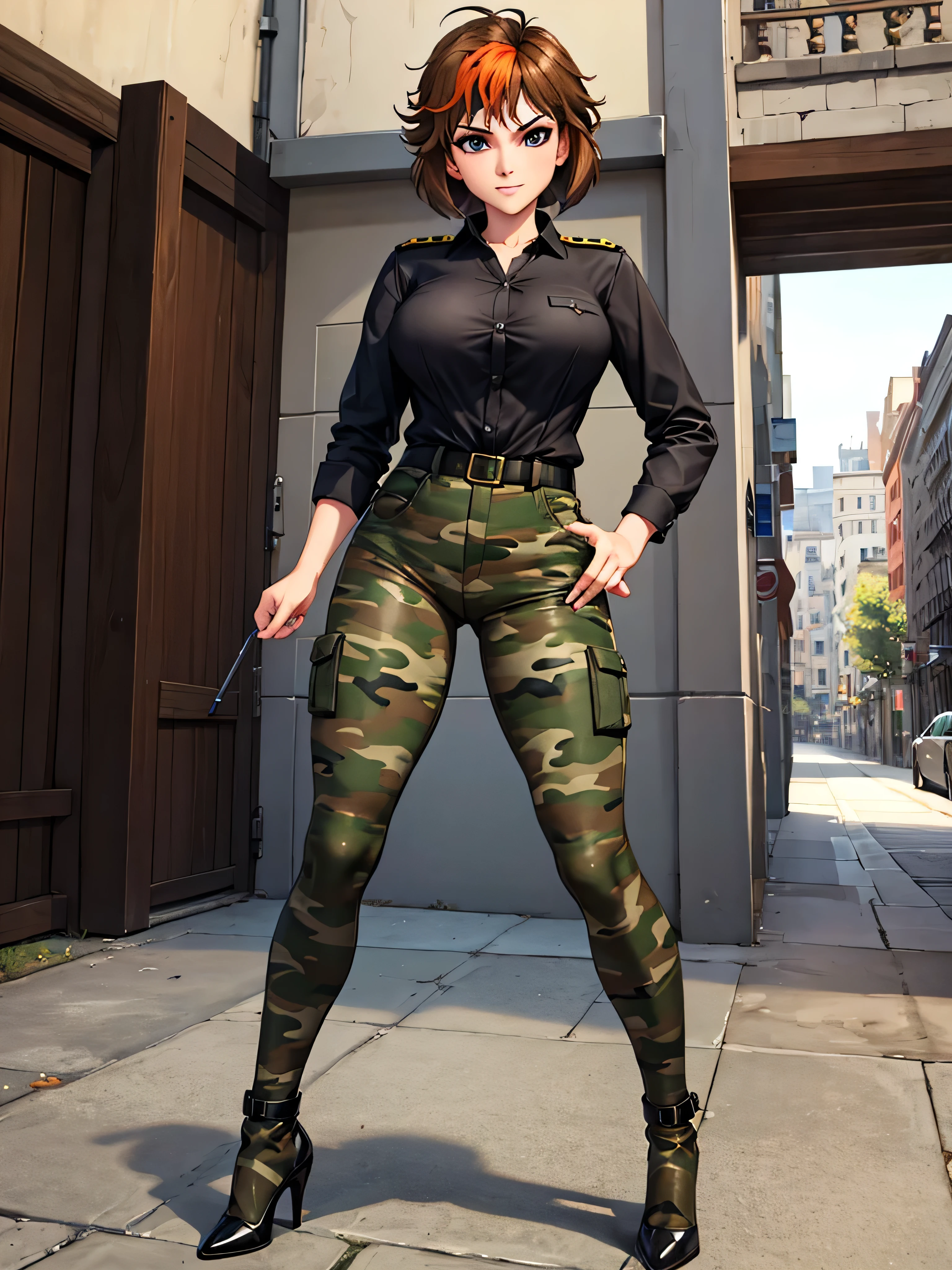 merula, full body, thighs, high heels, solo girl, medium tits, military camouflage pants, nude tits