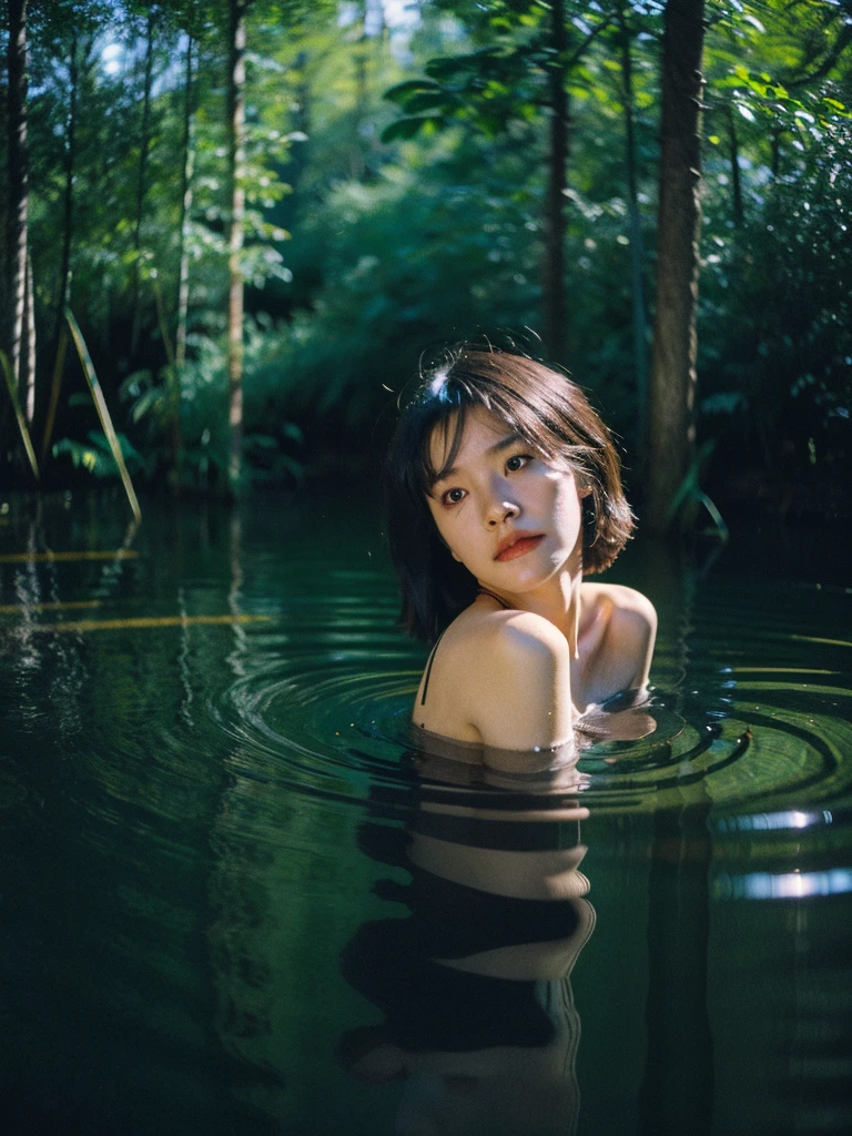 Best quality, masterpiece, ultra high res, (photorealistic:1.5), full body shot from a danish young pretty woman in the ruins of an old house submerged in water in the middle of the forest, she is submerged with water, dark forest atmosphere, nature, dynamic deep shadow, low key, sunlight exposure on the face, candid pose, short hair, (masterpiece:1.2), textured skin, motion blur effect, best quality, 8k, dark moody, realism, zenit analog camera shot, aesthetic art photorealistic, trending photo shot in 2024