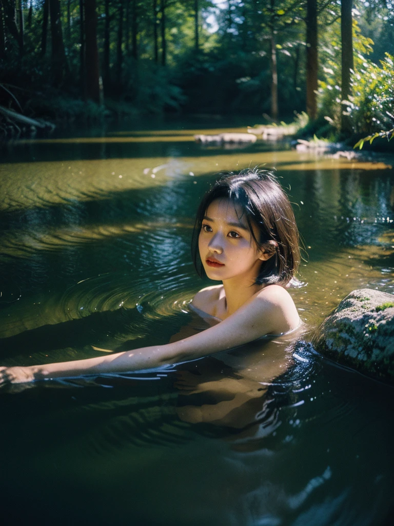 Best quality, masterpiece, ultra high res, (photorealistic:1.5), full body shot from a danish young pretty woman in the ruins of an old house submerged in water in the middle of the forest, she is submerged with water, dark forest atmosphere, nature, dynamic deep shadow, low key, sunlight exposure on the face, candid pose, short hair, (masterpiece:1.2), textured skin, motion blur effect, best quality, 8k, dark moody, realism, zenit analog camera shot, aesthetic art photorealistic, trending photo shot in 2024