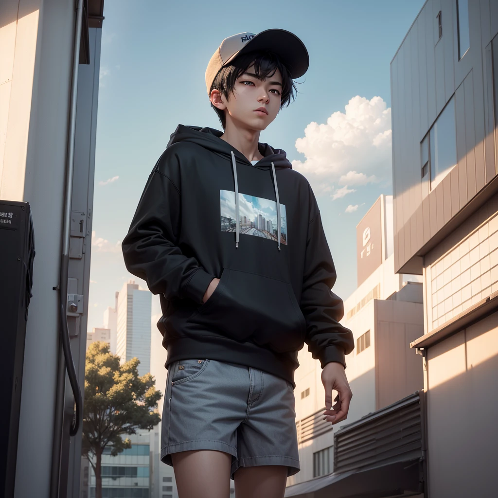 Ultra-realistic CG ,((premium、8k、32K、masterpiece)), (Ultra-thin illustration)、(Ultra-high resolution),　anime、 21 year old youth、 One boy, Shorts、Black Hair, ,Wear a hat,Wear a grey hoodie, Look up at the sky, Sky with clouds, afternoon, Lo-Fi, Camera from below、Complex streetscape background、　