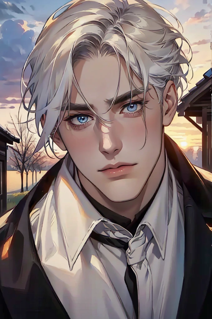 ((masterpiece:1.2, Best quality)), 4k, adult, European face, 1 person, male, mature, masculine, Beautiful, very tall, Muscles, broad shoulders, dark casual wear, White skin, medium white hair, Blue eyes, portrait, sunset, old house with apple trees. 
