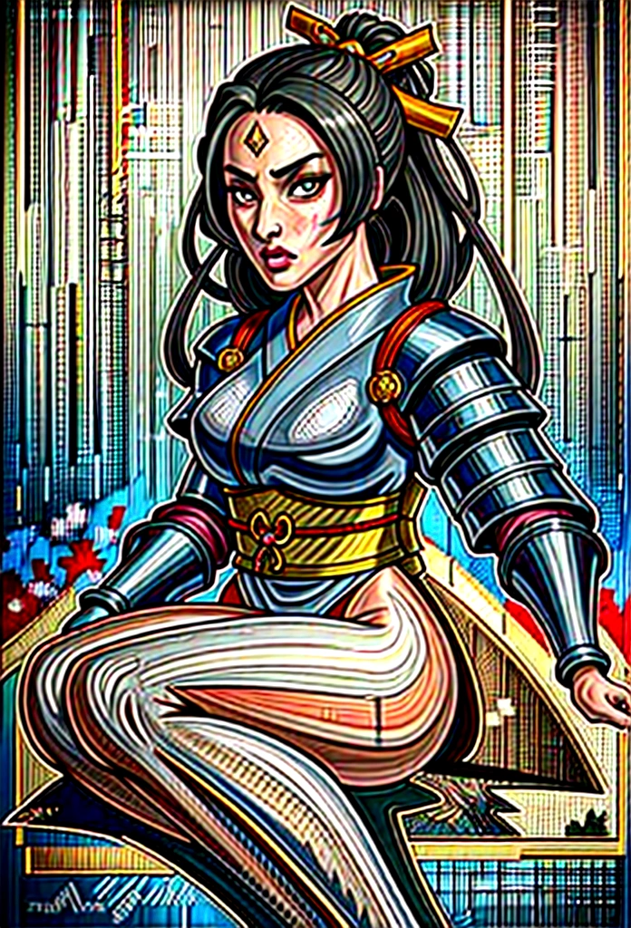 a picture of Japanese female samurai, she has long black hair, wearing samurai armor, armed with a katana, ready for battle, dynamic angle,, Japanese fantasy art, (Masterpiece: 1.5), 16k, highres, best quality, high details, ultra detailed, masterpiece, best quality, (extremely detailed), arafed, dnd art, , magical dagger