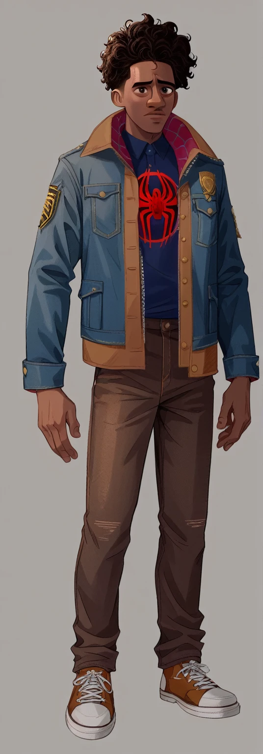 score_9, score_8_up, score_7_up, zPDXL, svstyle, concept art hand-drawing Spider-Man: Into the Spider-Verse one African-American boy with Ayoade’s short curly hair, brown pants High Frame Rate: comic book animation style, creating a smoother and more fluid look, abstract expressionism, storybook illustrations.
2D and 3D Fusion: brown jeans seamlessly blends 2D and 3D animation. Characters and environments are primarily 3D models, but they are textured and rendered to have a 2D comic book appearance.
Dark brown bomber jacket and tall, brown jeans, resemblance to Richard aylade Jamaican flag on jacket sleeve
