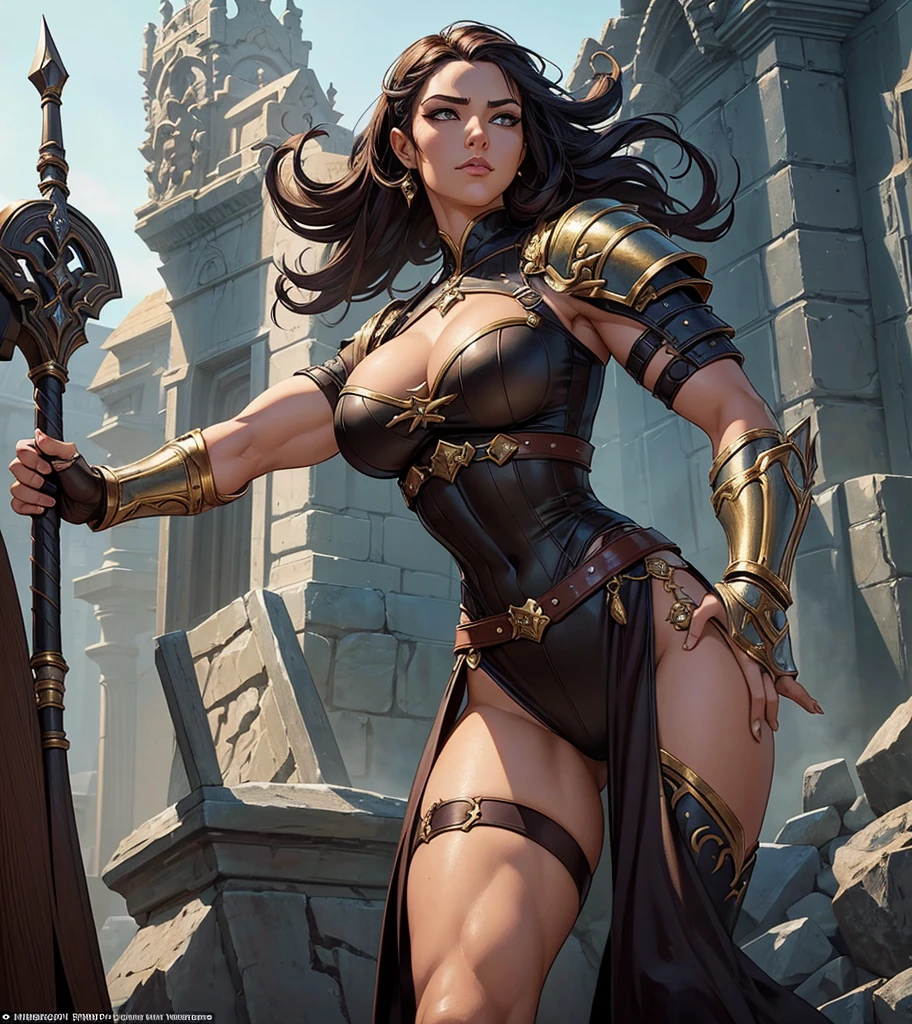 (((Solo character image.))) (((Generate a single character image.))) (((Dressed in medieval fantasy attire.))) (((Create a fantasy character that looks like Angela Salvagno.))) Create an impressive character portrait of a commanding and alluring female warrior in a medieval fantasy setting, drawing inspiration from the dynamic style of comic book artist Mark Brooks. This character is intended for use in Dungeons & Dragons and should be a stunning masterpiece of fantasy art.
Imagine her as a formidable warrior, exuding strength and confidence with every pose. While she boasts a muscular and toned physique, her innate femininity remains strikingly evident. She possesses a fierce and enticing aura that's enhanced by her cute yet risque smile.
Her youthful appearance places her in her early twenties, and her striking face radiates a unique blend of beauty and power. Her well-defined musculature and powerful body showcase her combat prowess while retaining her undeniable allure.
The character's attire should feature sexy and functional armor that accentuates her physique without compromising her strength. Her armor design should strike a balance between protection and allure, perfectly complementing her warrior persona.
This character is designed to be a powerful and dangerous figure, exuding confidence and allure simultaneously. The artwork should capture intricate details, especially in her muscular physique and ultra-detailed clothing. Pay particular attention to her hands, showcasing the strength and precision of a skilled warrior.
The final artwork should be a captivating epic masterpiece that embodies the essence of a powerful yet alluring female warrior. It should be presented in stunning ultra HD quality, possibly 8k resolution, establishing itself as an award-worthy fantasy art concept and a trending piece on Artstation, digital art platforms, and beyond. Ensure that the image is centered for optimal visual impact.