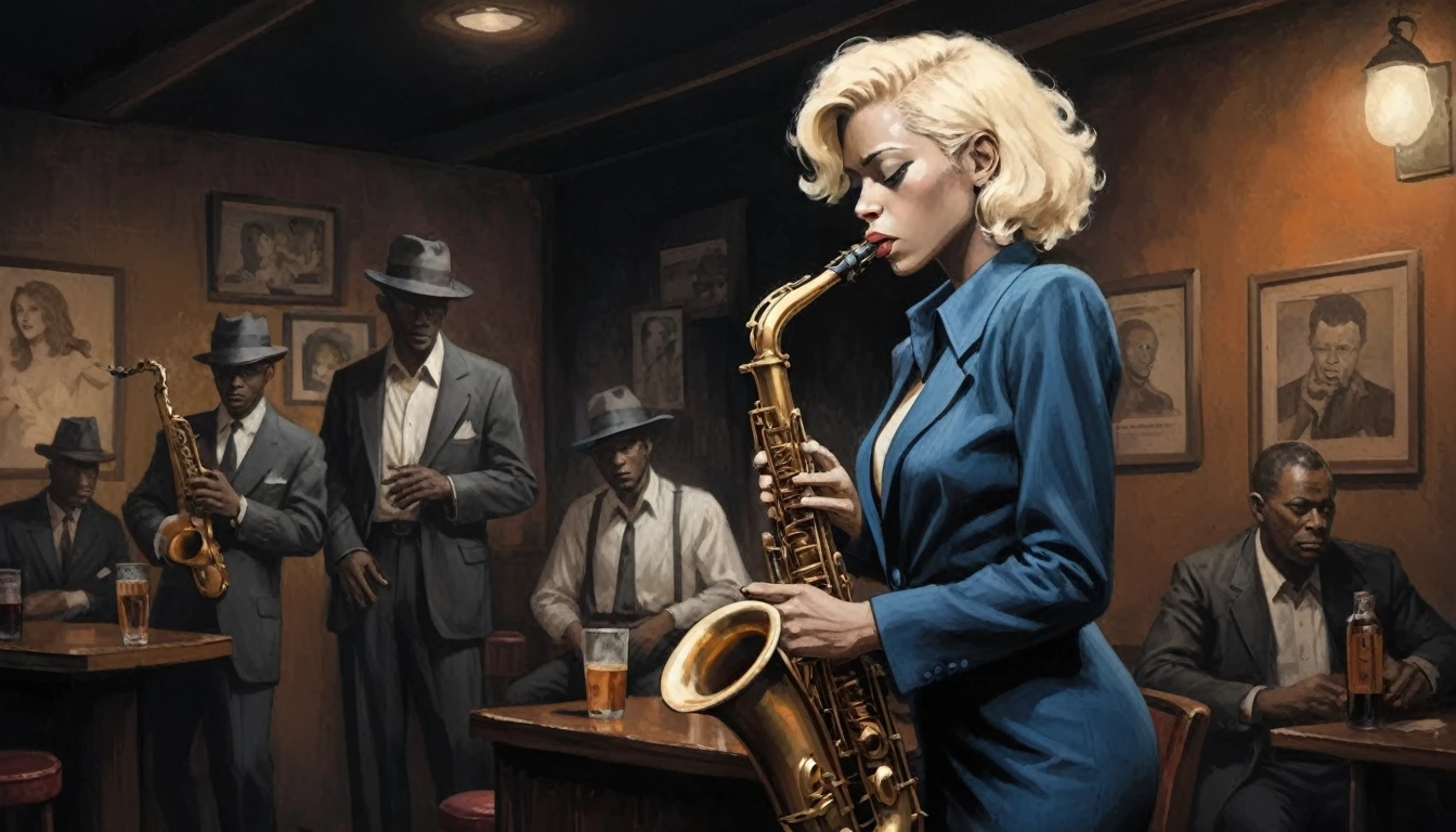 robert johnson, gritty, alabama bar, blue note, charismatic , illustration, noir fantasy, lone blonde lady, sad ending, saxophonists