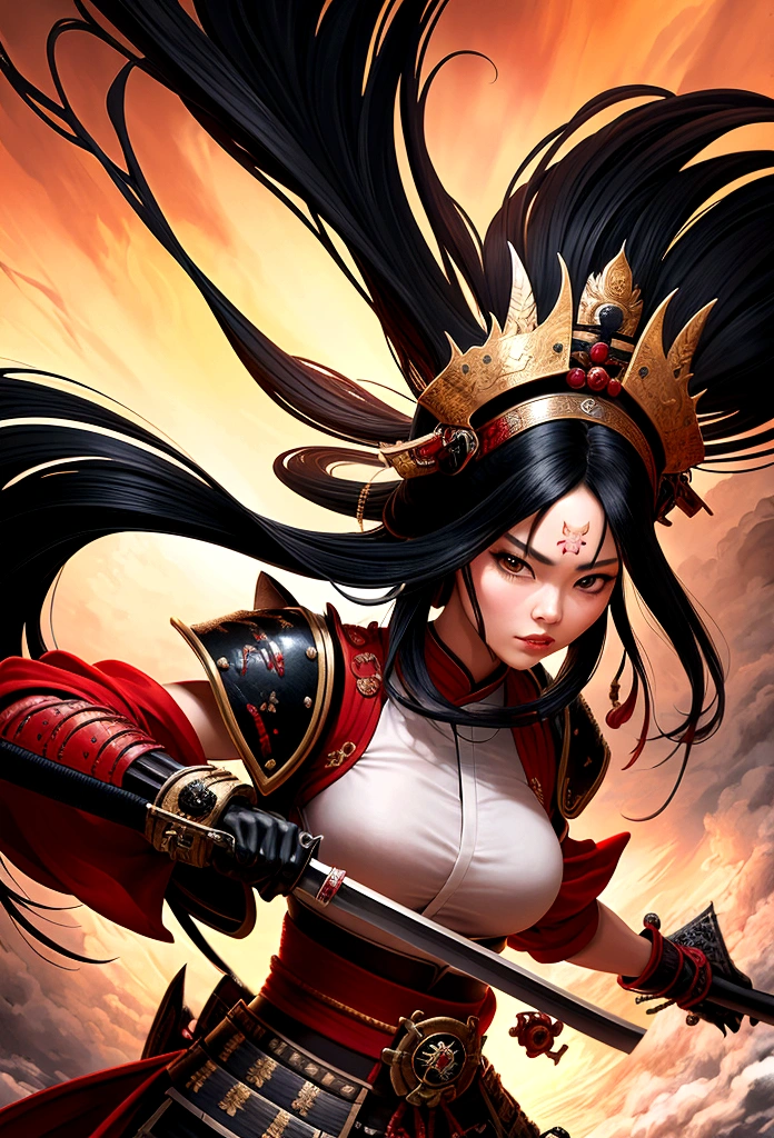 a picture of Japanese female samurai, she has long black hair, wearing samurai armor, armed with a katana, ready for battle, dynamic angle,, Japanese fantasy art, (Masterpiece: 1.5), 16k, highres, best quality, high details, ultra detailed, masterpiece, best quality, (extremely detailed), arafed, dnd art,