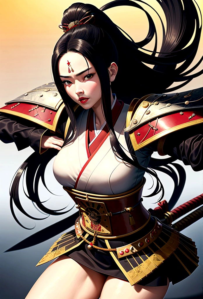 a picture of Japanese female samurai, she has long black hair, wearing samurai armor, armed with a katana, ready for battle, dynamic angle,, Japanese fantasy art, (Masterpiece: 1.5), 16k, highres, best quality, high details, ultra detailed, masterpiece, best quality, (extremely detailed), arafed, dnd art,