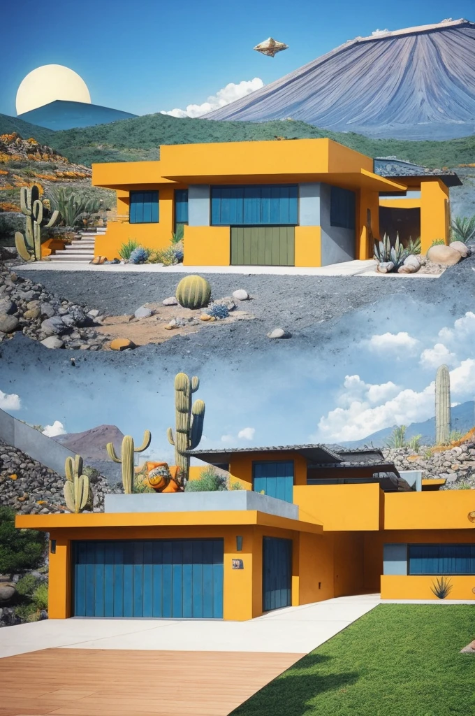 An illustration in collage style, with giant boulders, brutalist building sections, terraces, stairs, cacti, agave, concrete texture, multiple geometric shapes, hatch and cross hatching, planet saturn, volcano, moon, Luis Barragán's architectural style build, milky way galaxy, violet, one motorcycle, An illustration in collage style, with giant boulders, brutalist building sections, stairs, cacti, agave, concrete texture, multiple geometric shapes, hatch and cross hatching, planet saturn, volcano, moon, Luis Barragán's architectural style build, reflective pool, terraces. An elegant and modern build, in top of big boulders, with terraces, materials concrete, wood, steel and crystal, various gardens with tropical vegetation, cacti and rocks, stairs, a pool. In middle of sea, a big wave near, sunset, mountains and a volcano in the horizont, cute islands around, illustration format, cute color palette, detailed, masterpiece, award-winning work, clouds, Illustration, a garden with abundant cacti, ((various organic sculptures)), ((big rocks)), (((multiple sections))), collage style, detailed, (((color palette (olive green), (Mustard orange), cool grey, ((blue)), black and white))), (((a lot Luis barragán's architecture style builds))) big clouds, volcano in horizon, stairs, in the desert. ((masterpiece, best quality)),illustration,ultra detailed 8k, ((Ori Toor visual style)),soviet, megabuildings, megastructures, buildings, organic steel sculpture