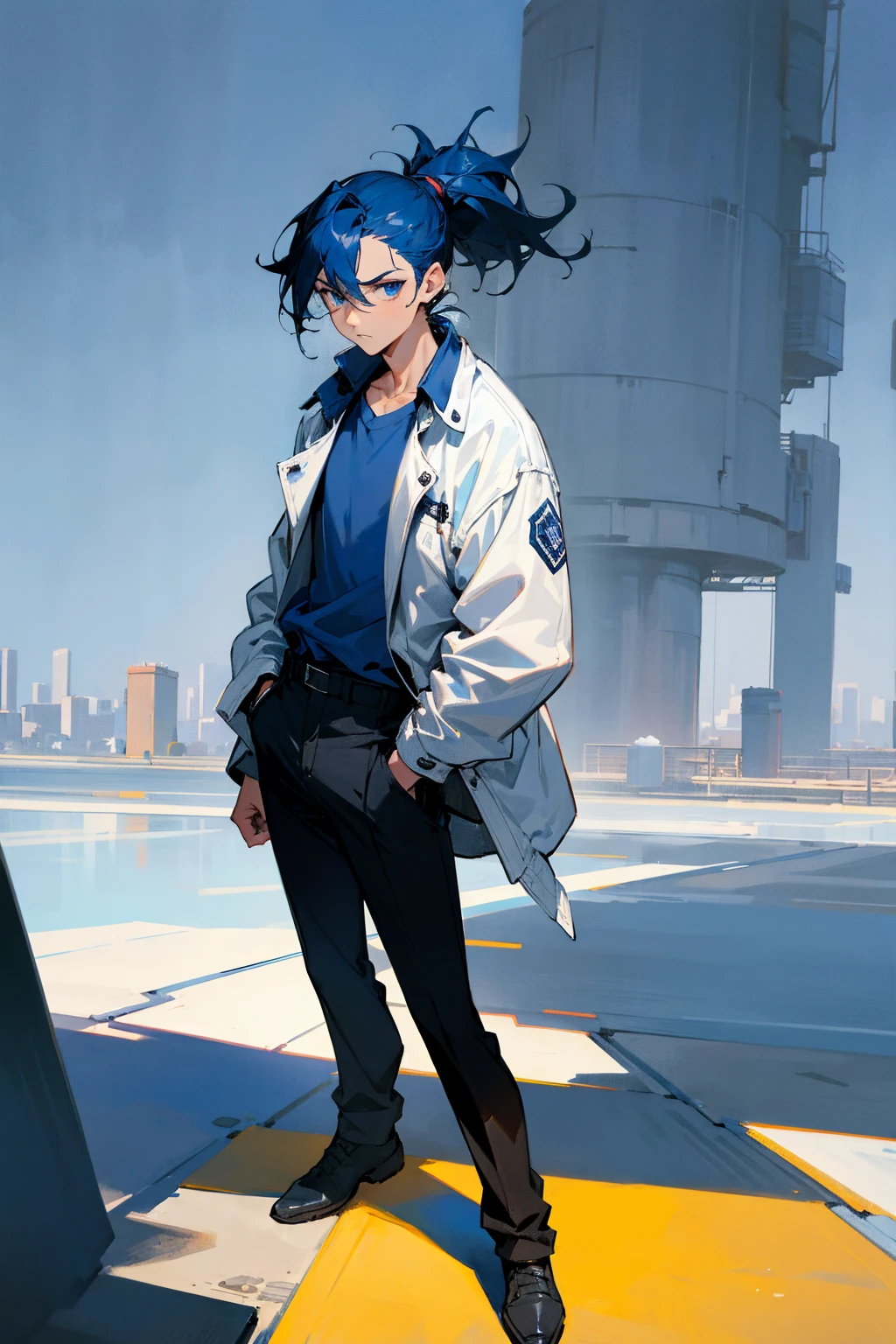 1male, dark blue hair, short ponytail, scruffed hair, deep blue eyes, expresisonless, blue baggy shirt, white modern jacket, black pants, city background, detailed background, hands to side, standing on path
