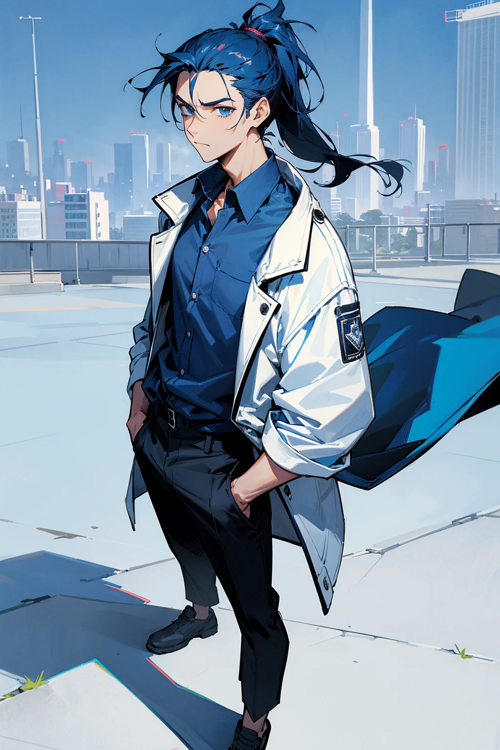 1male, dark blue hair, short ponytail, scruffed hair, deep blue eyes, expresisonless, blue baggy shirt, white modern jacket, black pants, city background, detailed background, hands to side, standing on path