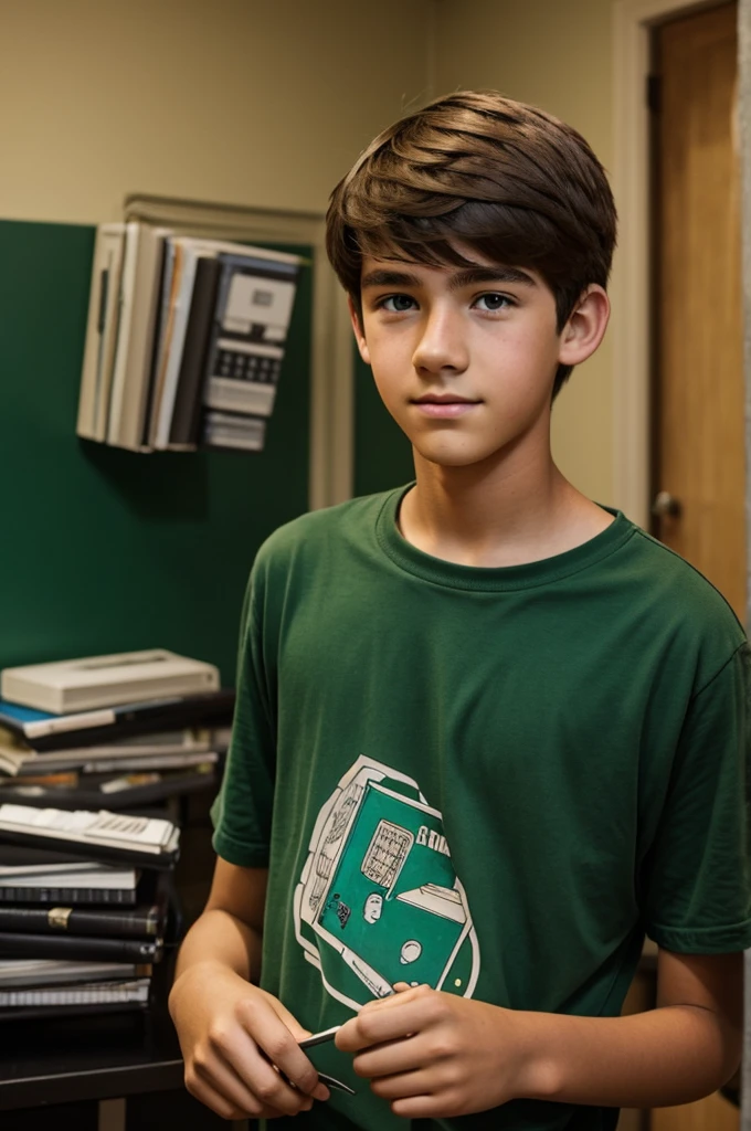 boy. Likes to write comics and is shy. He has short brown hair and green eyes. He’s tall