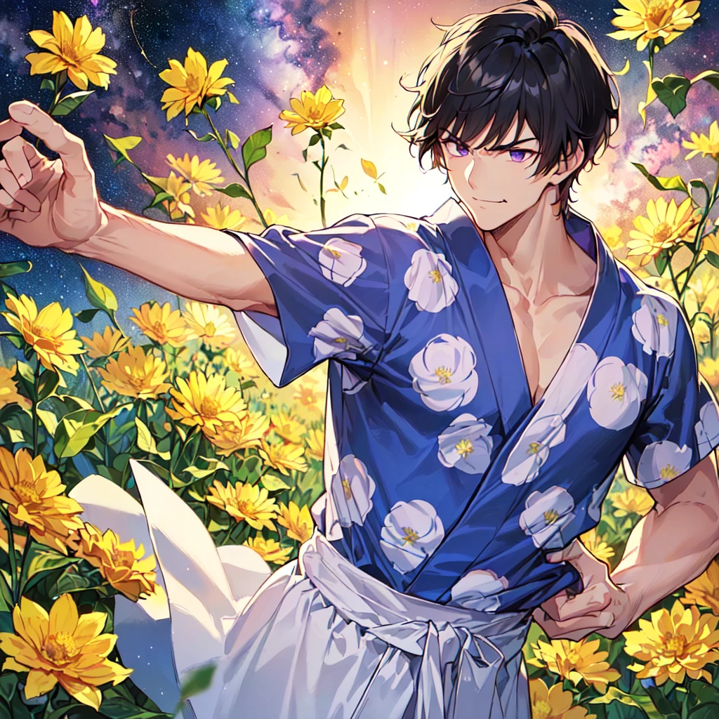 masterpiece,best quality,high quality,(1 male austere handsome solo adult age 30 years:1.5), purple eyes, cool with suspended eyes, V-shaped eyebrows, body strong and fearless 8.5 head tall, height 185 cm, (well-groomed black short hair to neck: 1.4), (bangs 7 thirds parted: 1.4), slender nose, facial muscles, throat, (trousers with yukata short sleeved southern star print: 1.3), (running), (stylish pose), (scowling smile: 1.3), (dynamic pose), (background Milky Way and southern star flower field: 1.5), (upper body:1.3)