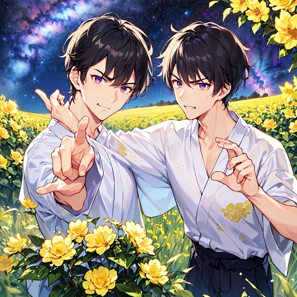 masterpiece,best quality,high quality,(1 male austere handsome solo adult age 30 years:1.5), purple eyes, cool with suspended eyes, V-shaped eyebrows, body strong and fearless 8.5 head tall, height 185 cm, (well-groomed black short hair to neck: 1.4), (bangs 7 thirds parted: 1.4), slender nose, facial muscles, throat, (trousers with yukata short sleeved southern star print: 1.3), (running), (stylish pose), (scowling smile: 1.3), (dynamic pose), (background Milky Way and southern star flower field: 1.5), (upper body:1.3)